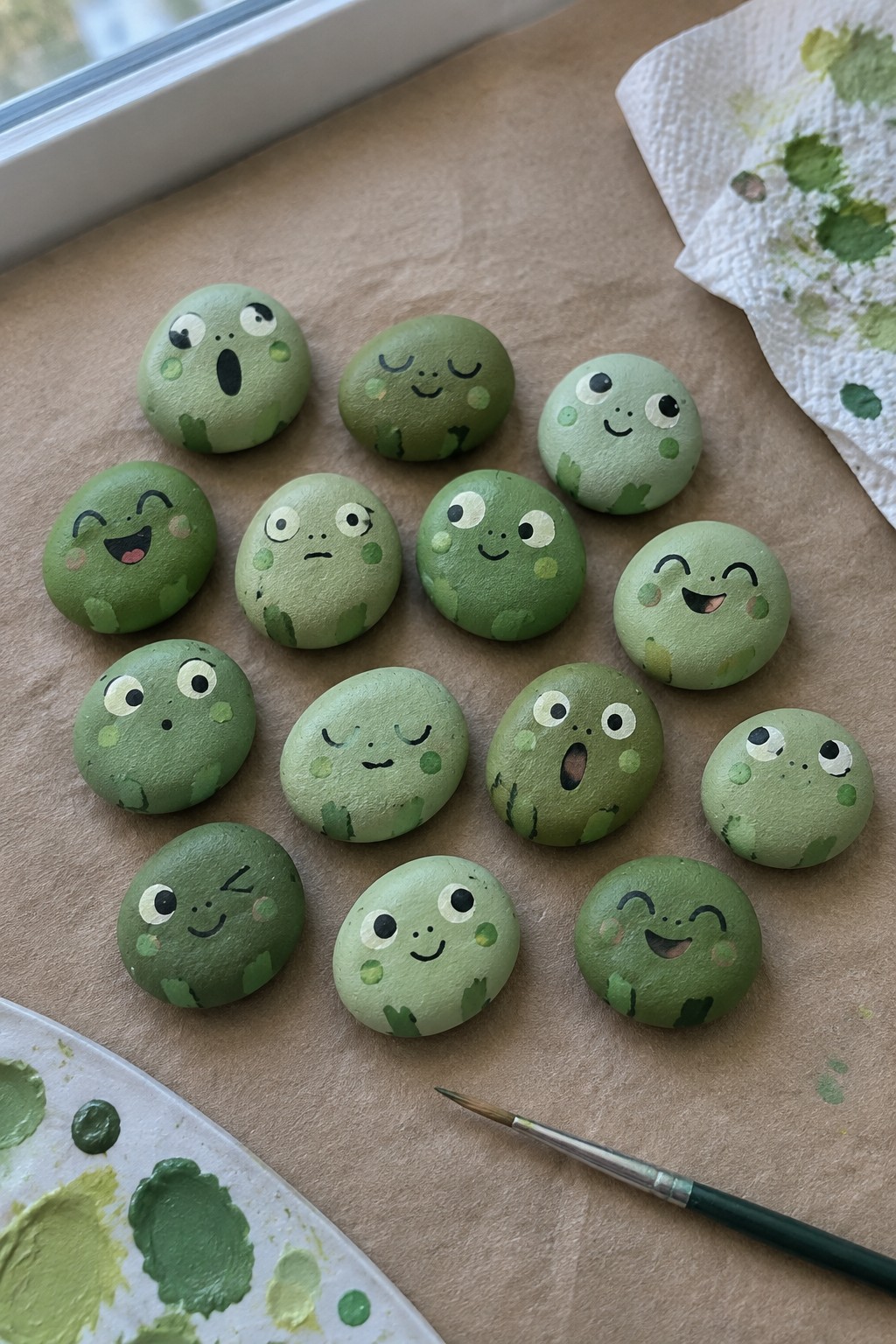 Green painted rocks with frog faces beside palette, brush, and stained towel on paper.