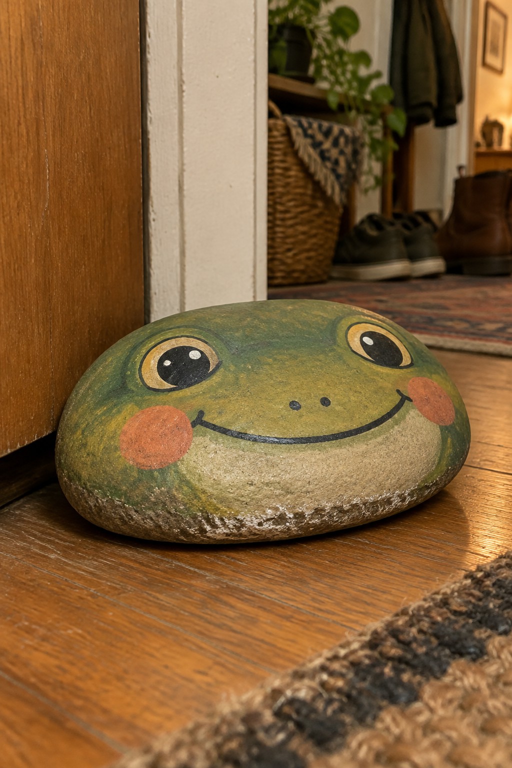 Painted green frog rock with big eyes and orange cheeks on wood floor