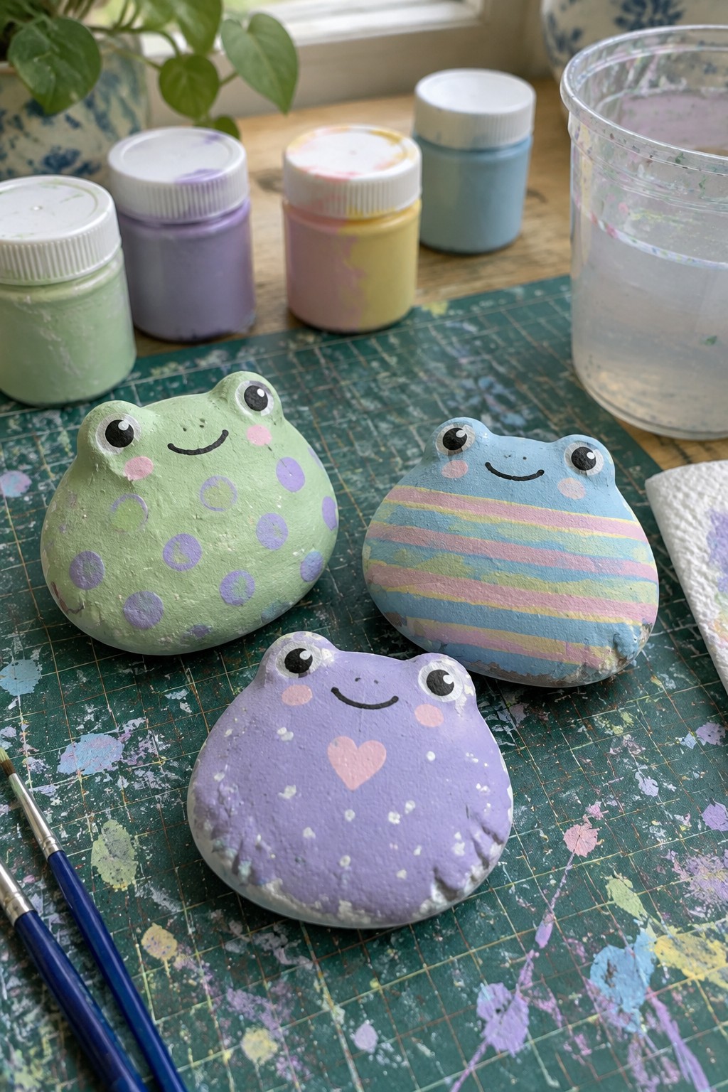 Three colorful painted frog rocks with paint jars and brushes on a mat.