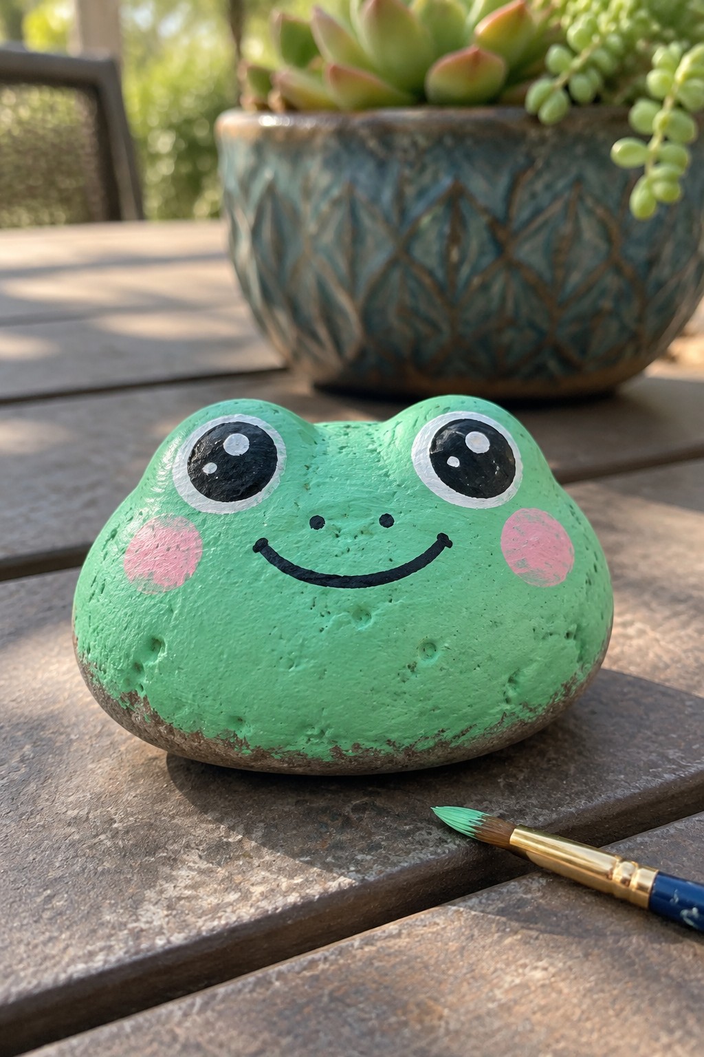 Green frog rock with big eyes and pink cheeks beside paintbrush on wooden table