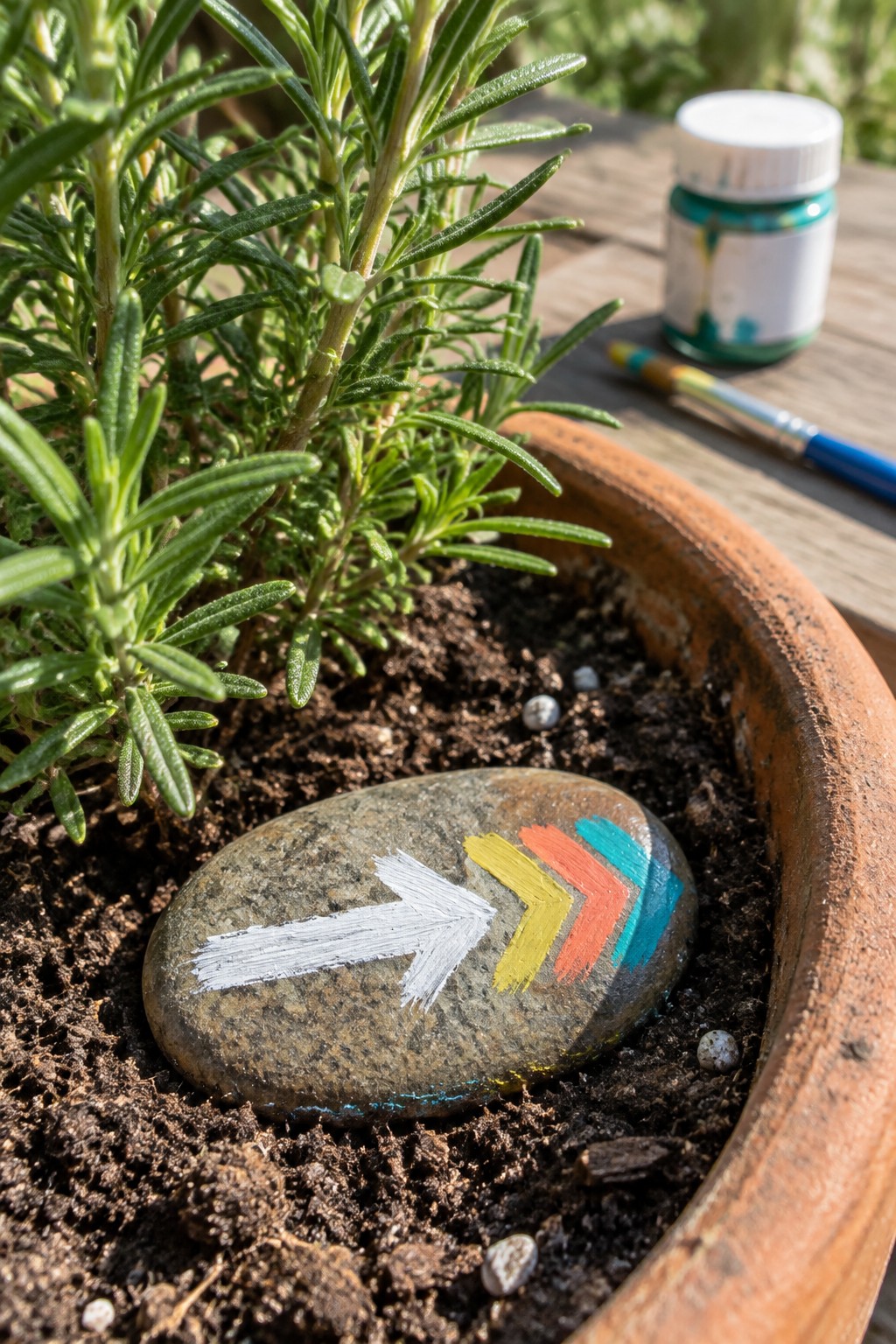 Painted arrow rock in rosemary plant pot beside teal paint jar and brush