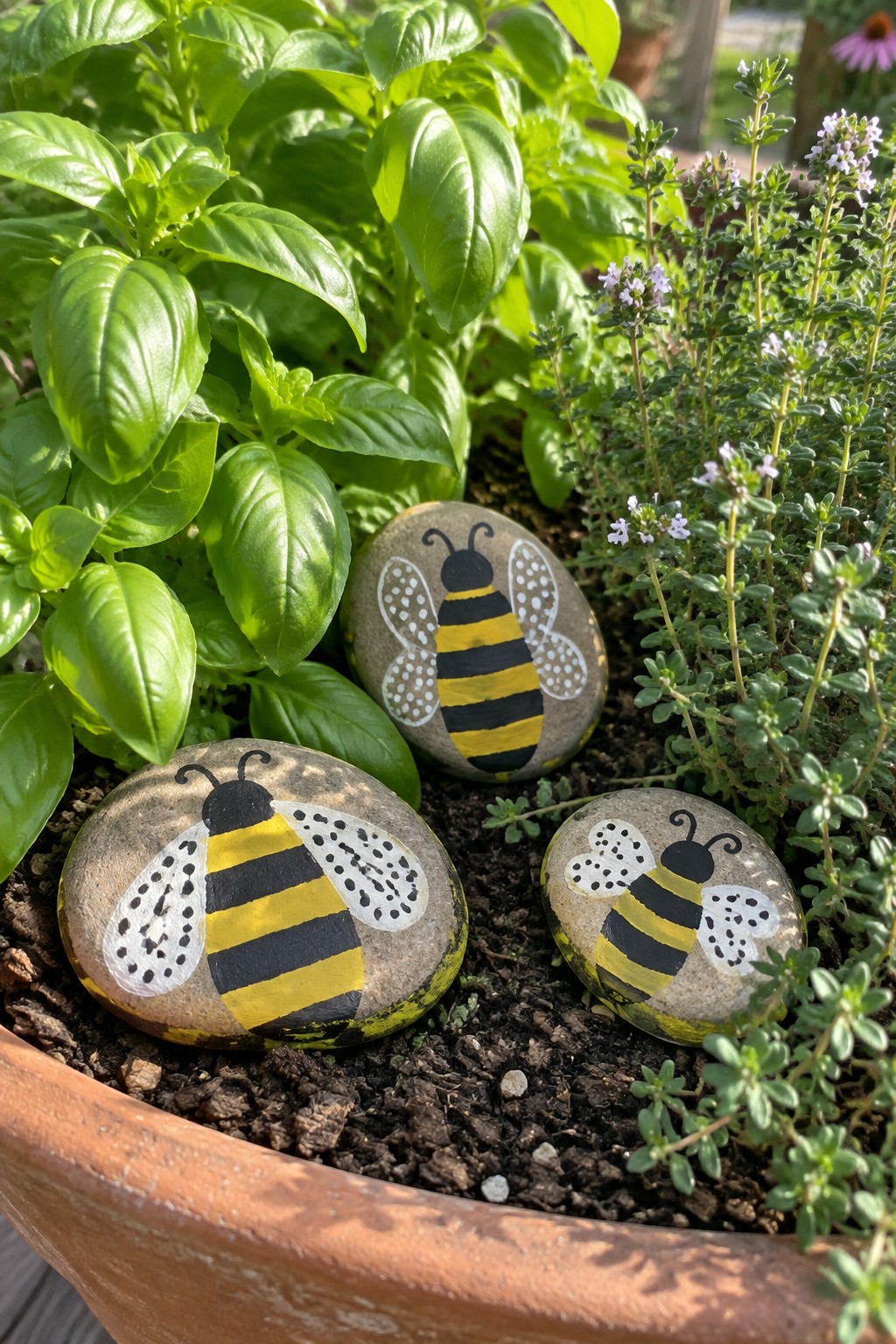 Three painted bee rocks nestled in soil among basil and thyme in a pot.