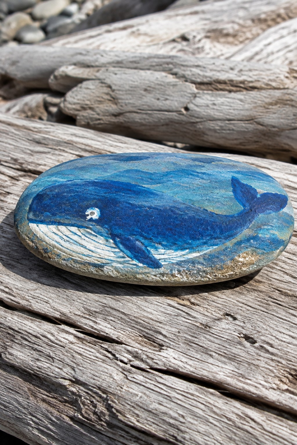 Blue whale painted on oval rock resting on weathered driftwood planks