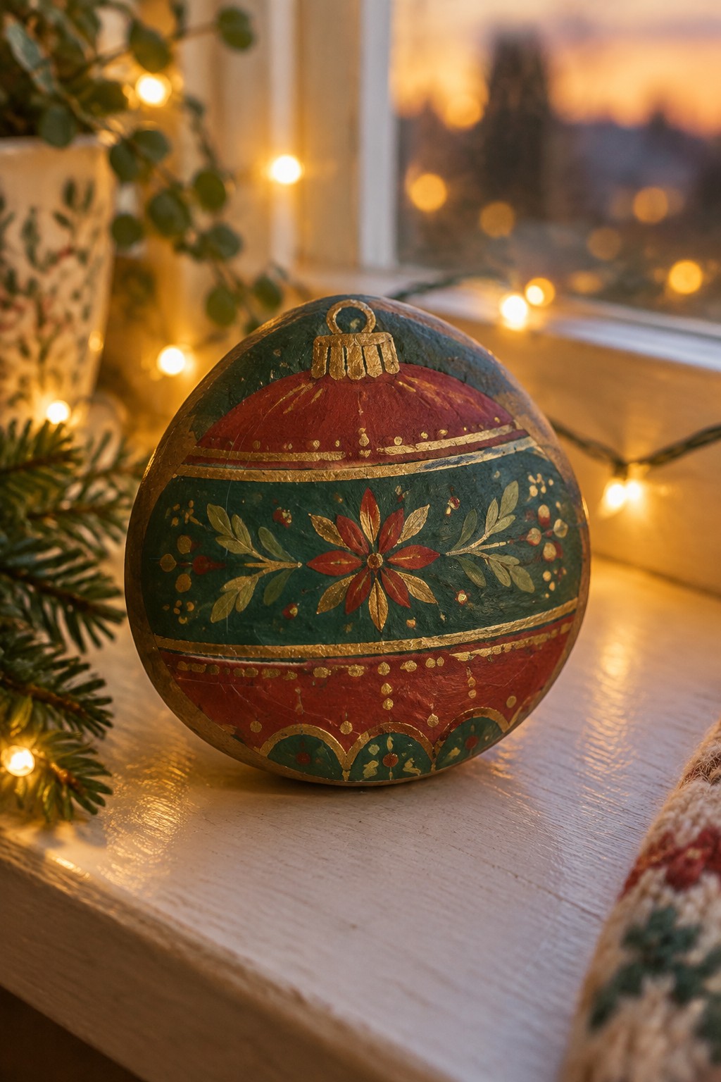 Painted red and green Christmas ornament with gold poinsettia on windowsill with lights