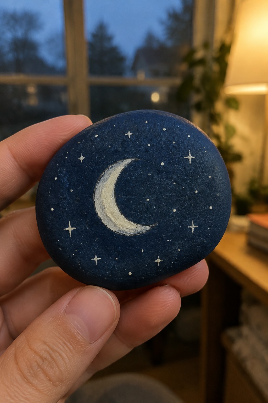 Hand holding dark blue painted rock with white crescent moon and stars