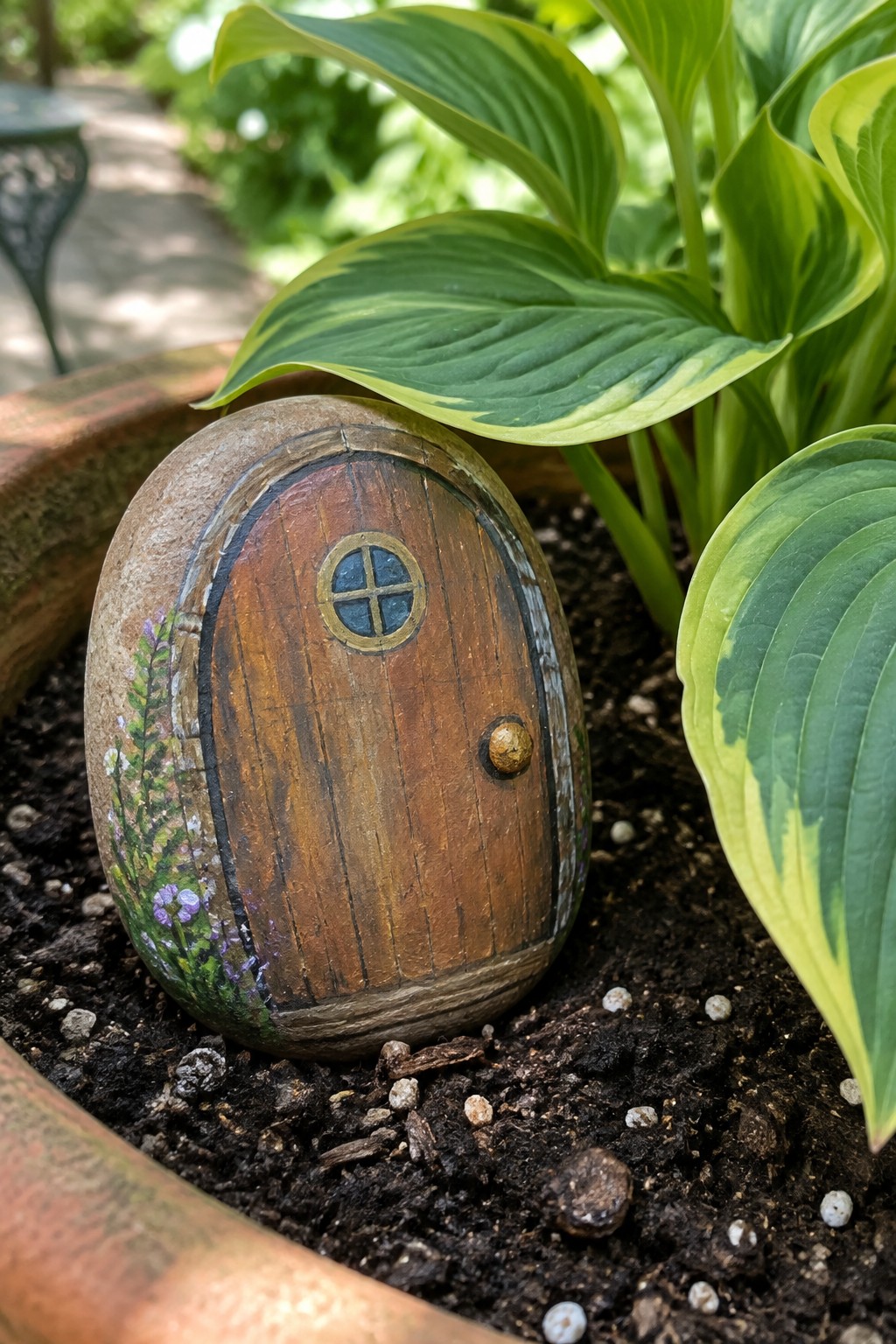 Stone painted as fairy door with window and knob amid hosta leaves in soil