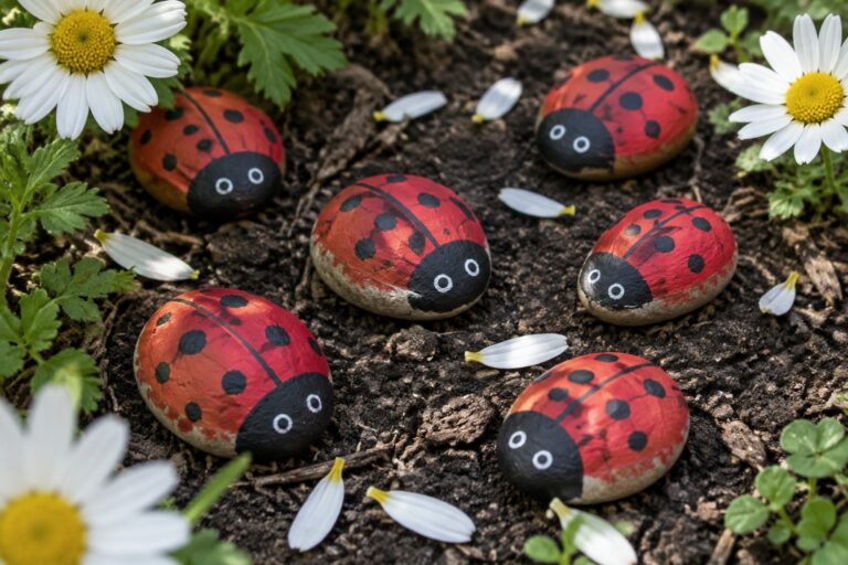 22 Painted Rock Crafts Using Printable Templates Painted red ladybug rocks scattered among white daisies on soil
