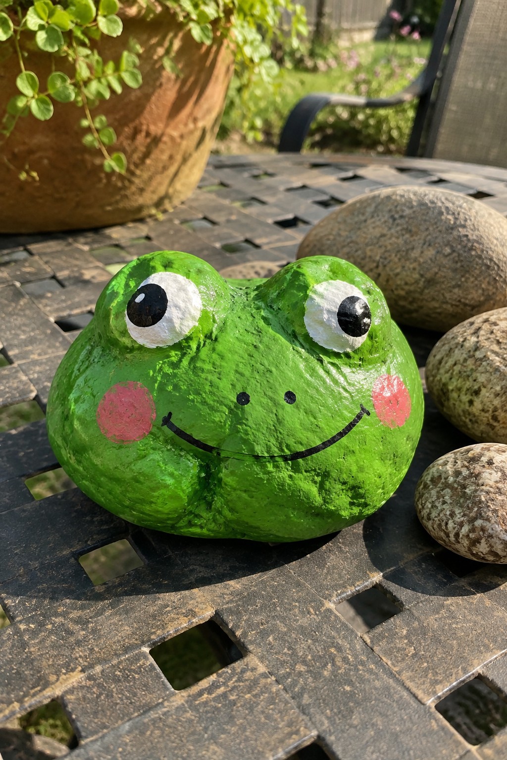 Green painted rock frog with bulging eyes, pink cheeks, and smile on table