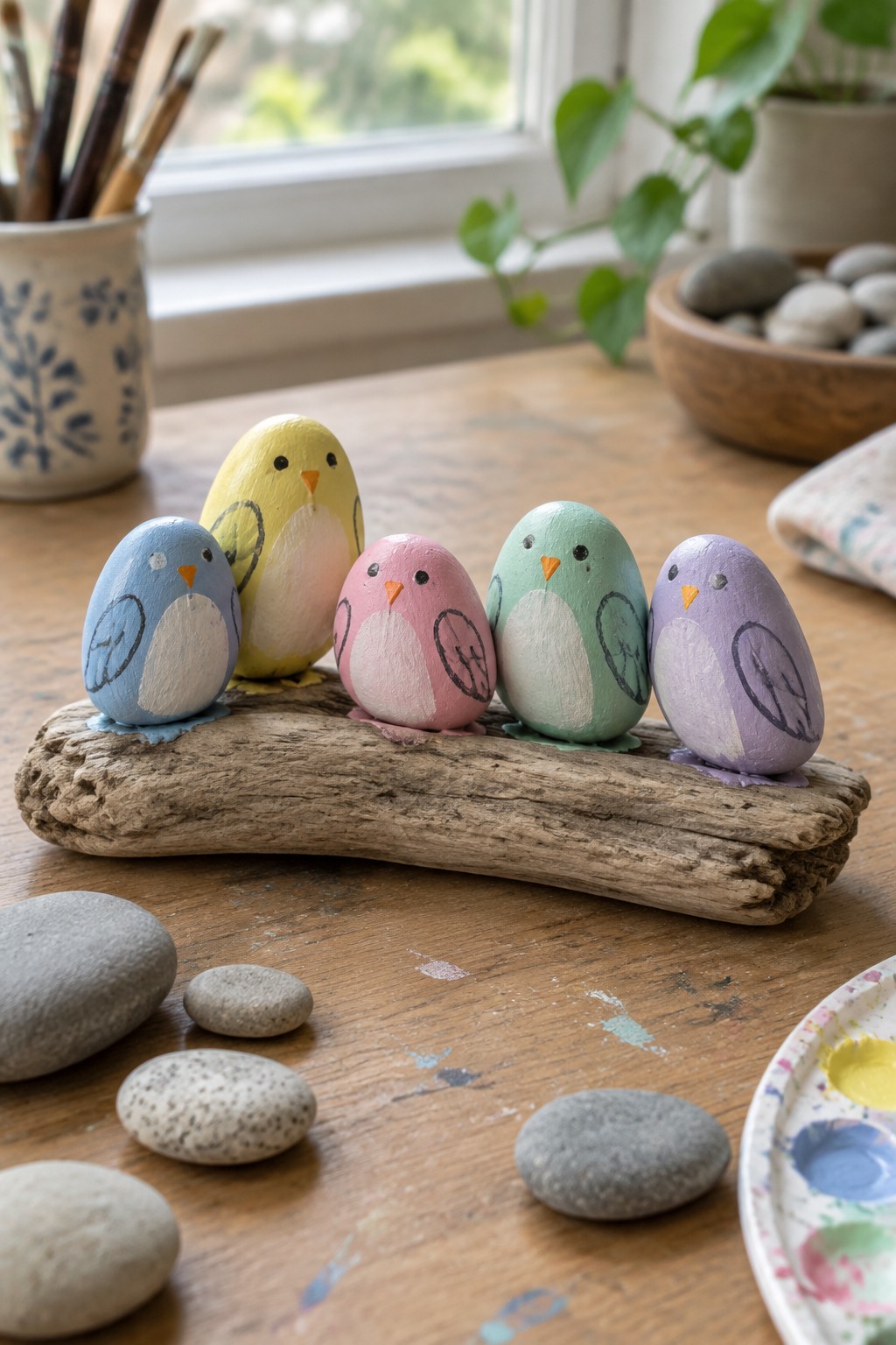 Five colorful painted bird rocks on driftwood amid paint supplies on wooden table