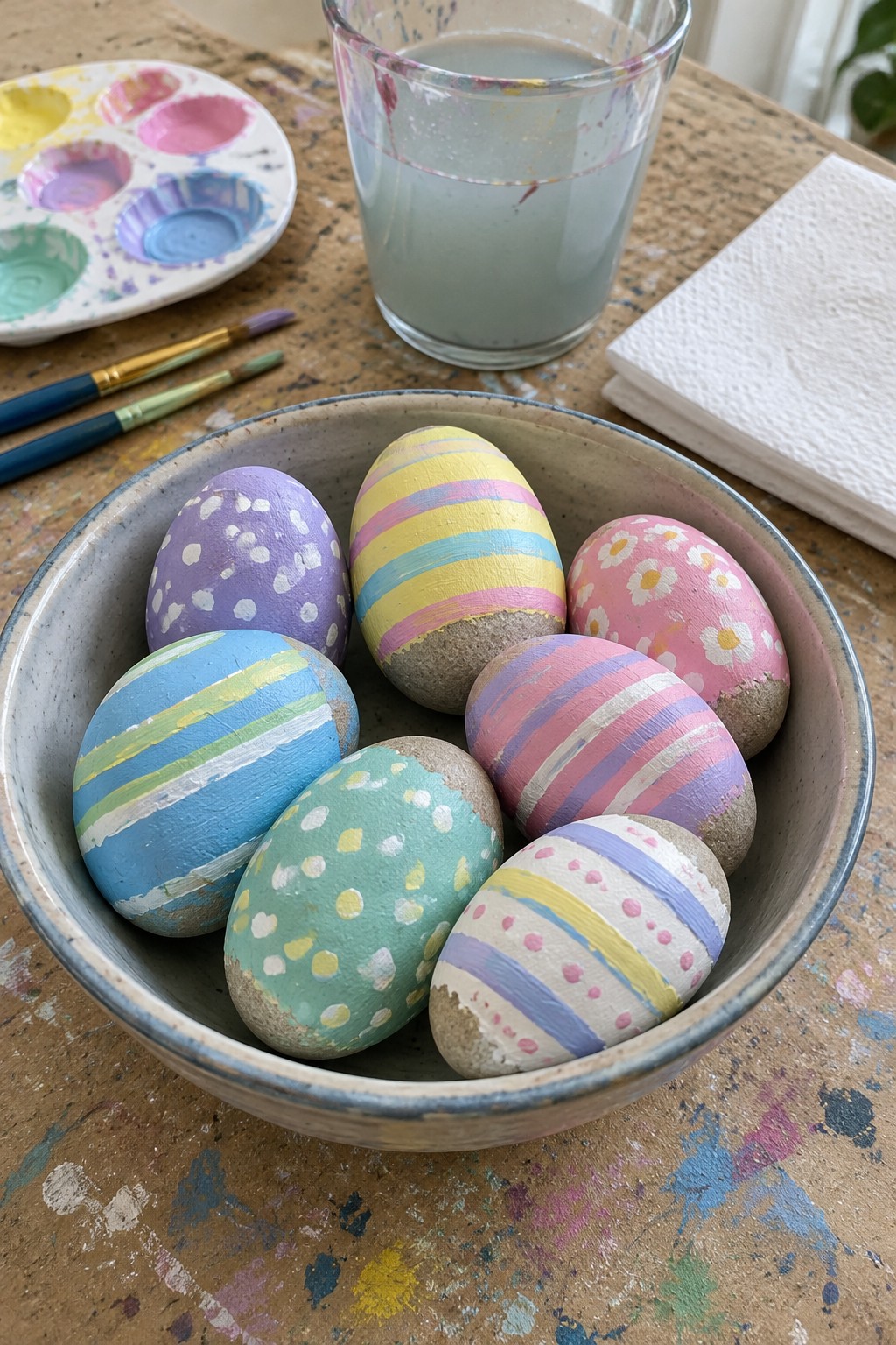 Bowl of pastel-painted Easter eggs with stripes, dots, and flowers on a splattered table.