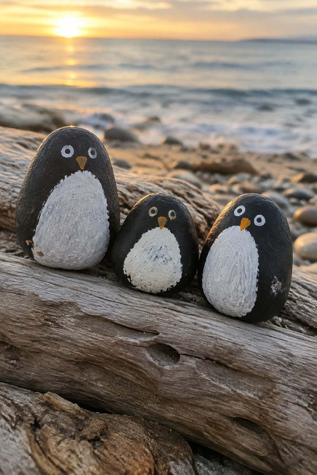 Three black and white painted penguin rocks of different sizes rest on a piece of driftwood on a sandy beach at sunset.