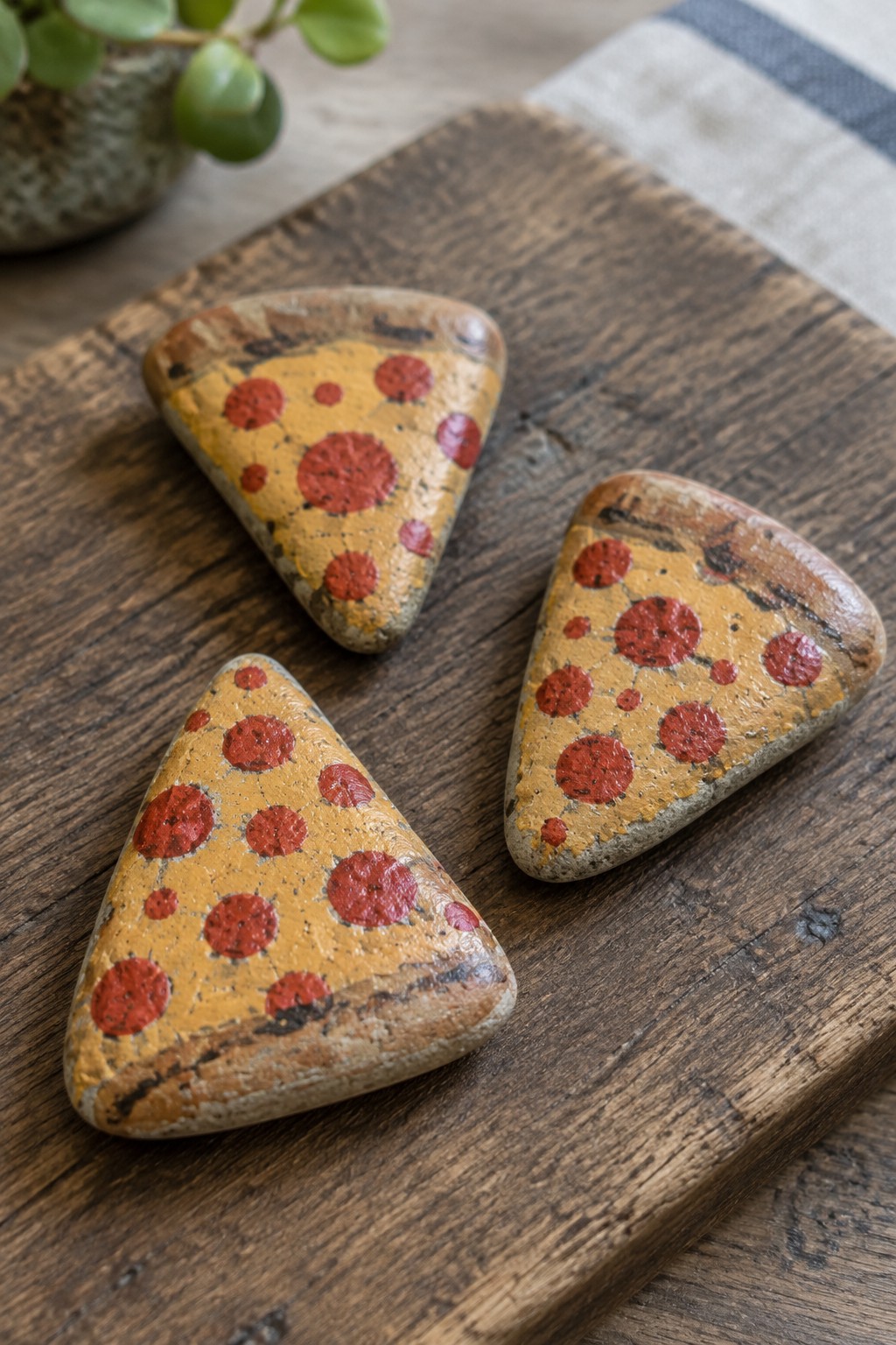 Three triangular rocks painted as pepperoni pizzas on wooden board with plant nearby