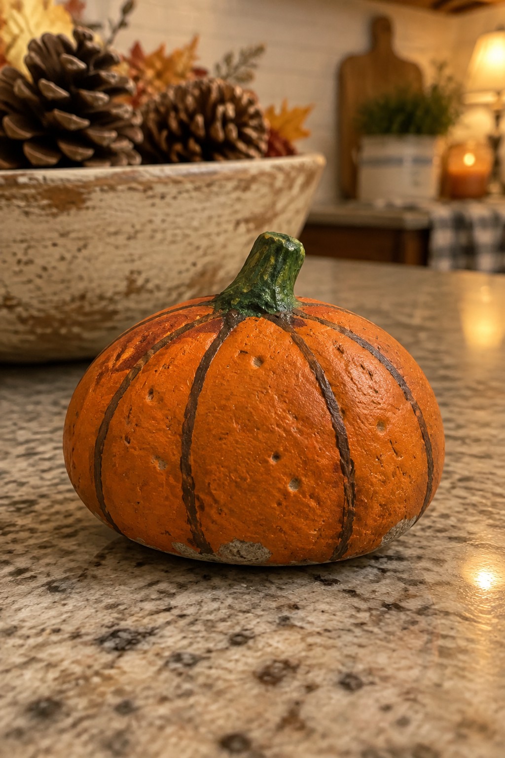 Orange pumpkin figurine with green stem on granite counter amid autumn decor.