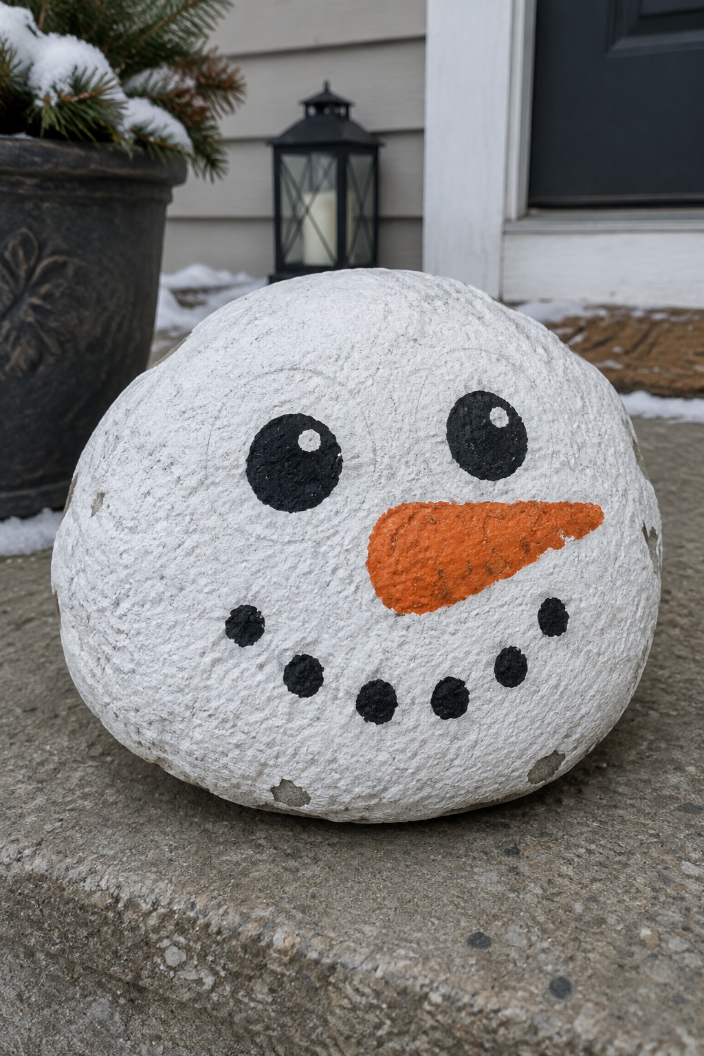 White painted rock snowman with black eyes, mouth and orange nose on step