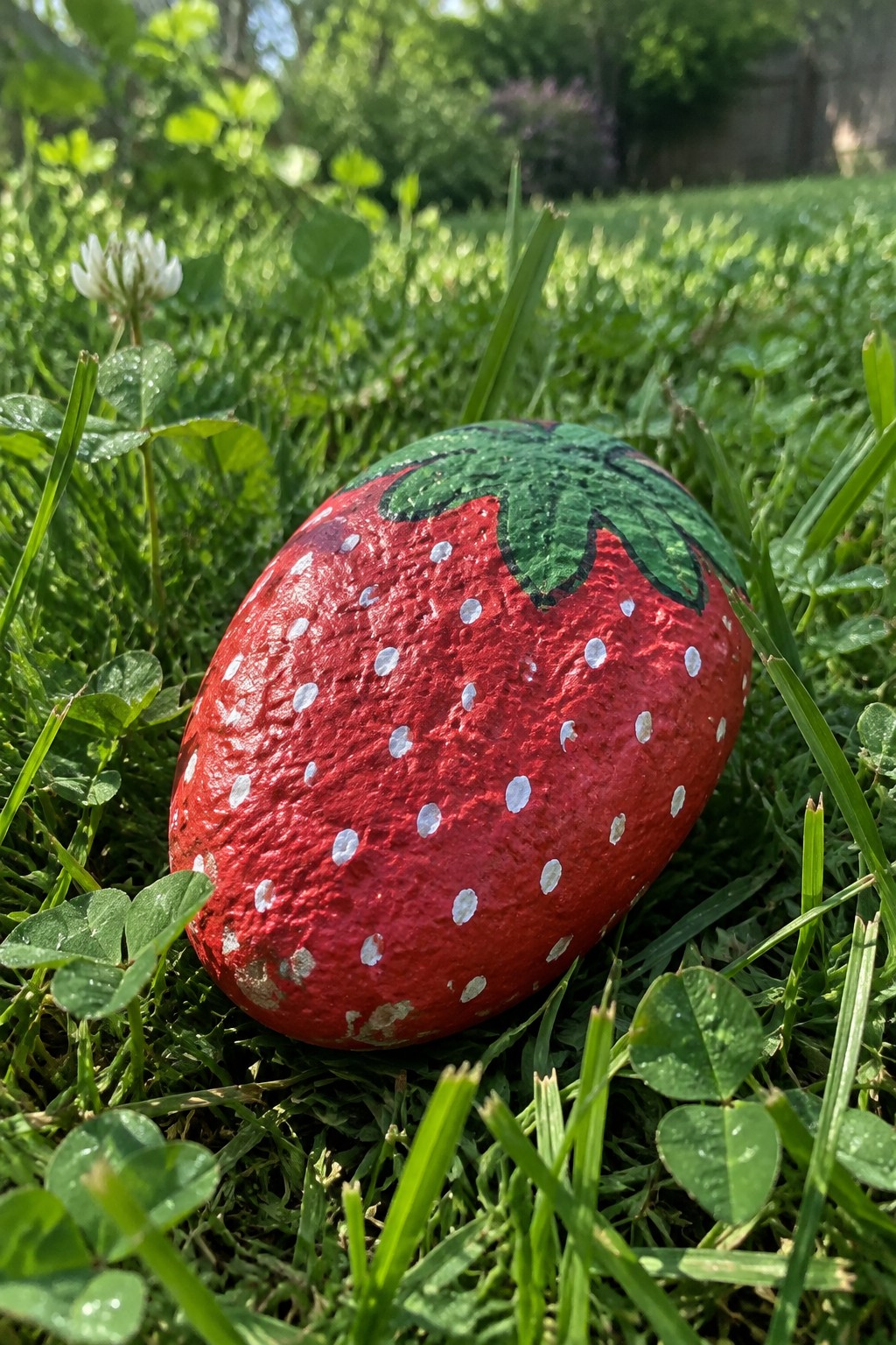 Red painted rock resembling a strawberry with white dots and green top on grass
