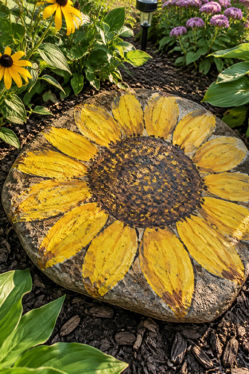 Painted sunflower on a round stone amid yellow flowers and mulch