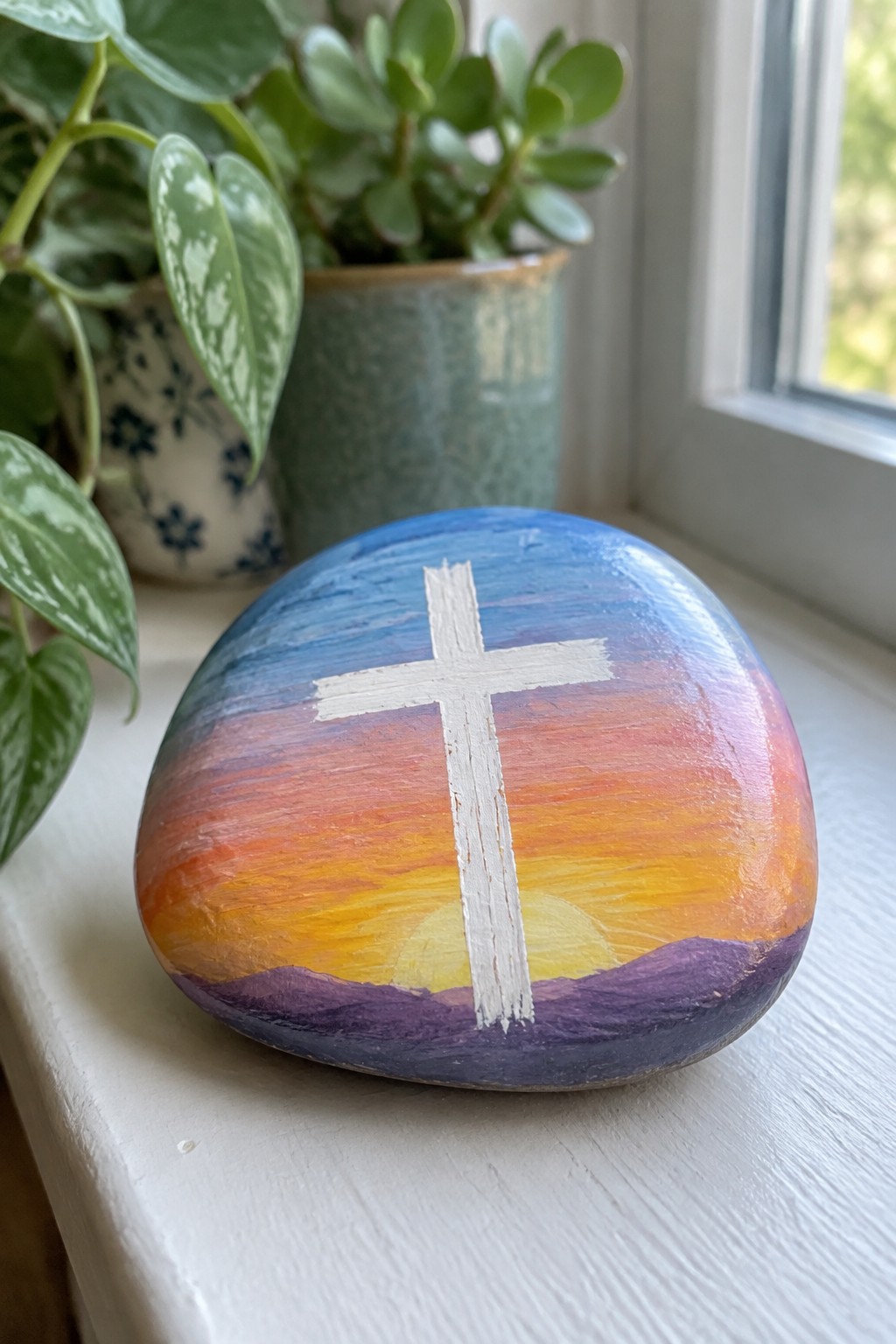Painted rock with sunset gradient and white cross on windowsill near potted plants