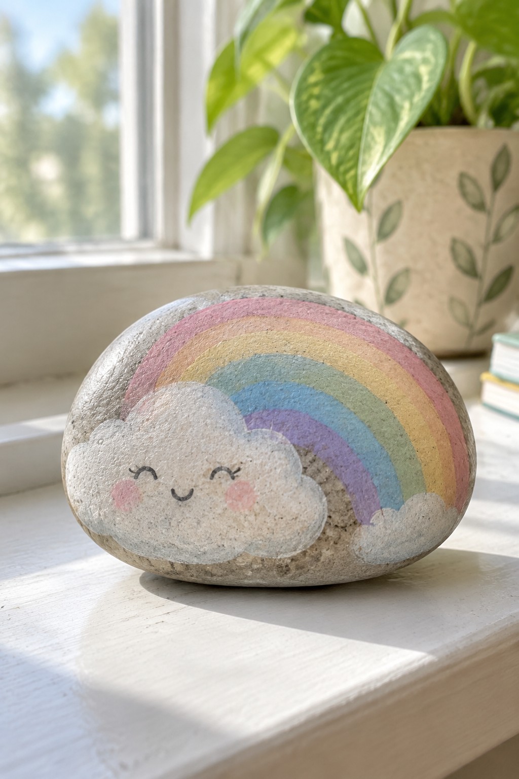 Painted rock with smiling cloud face and pastel rainbow on sunny windowsill.