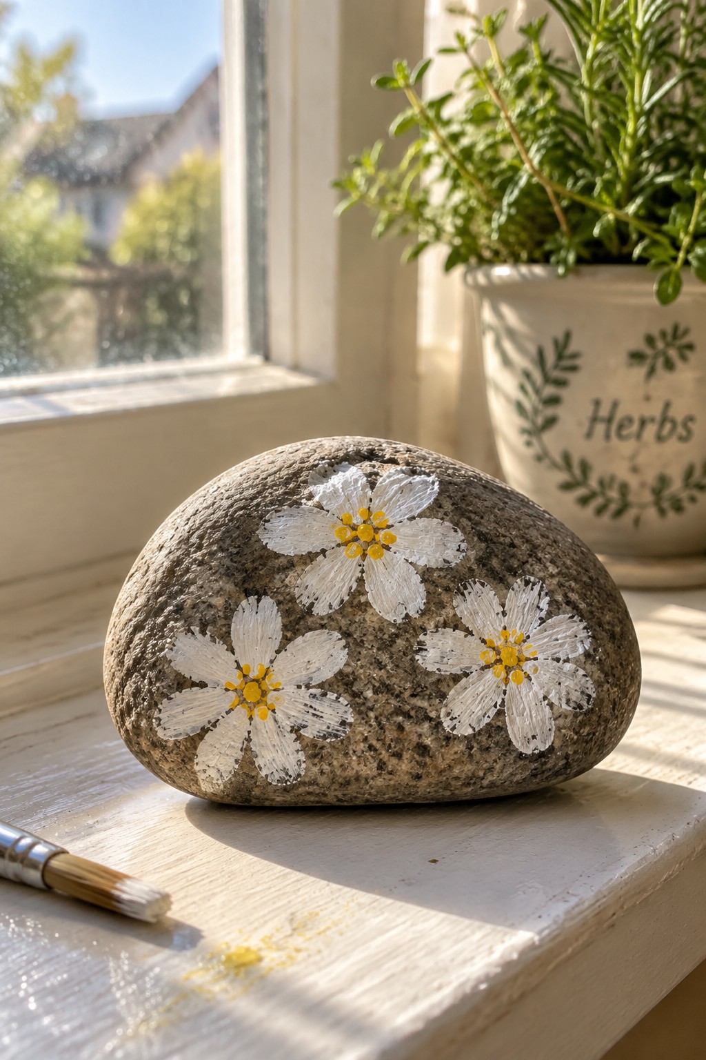 Painted rock with three white flowers on sunny windowsill beside paintbrush and herb pot