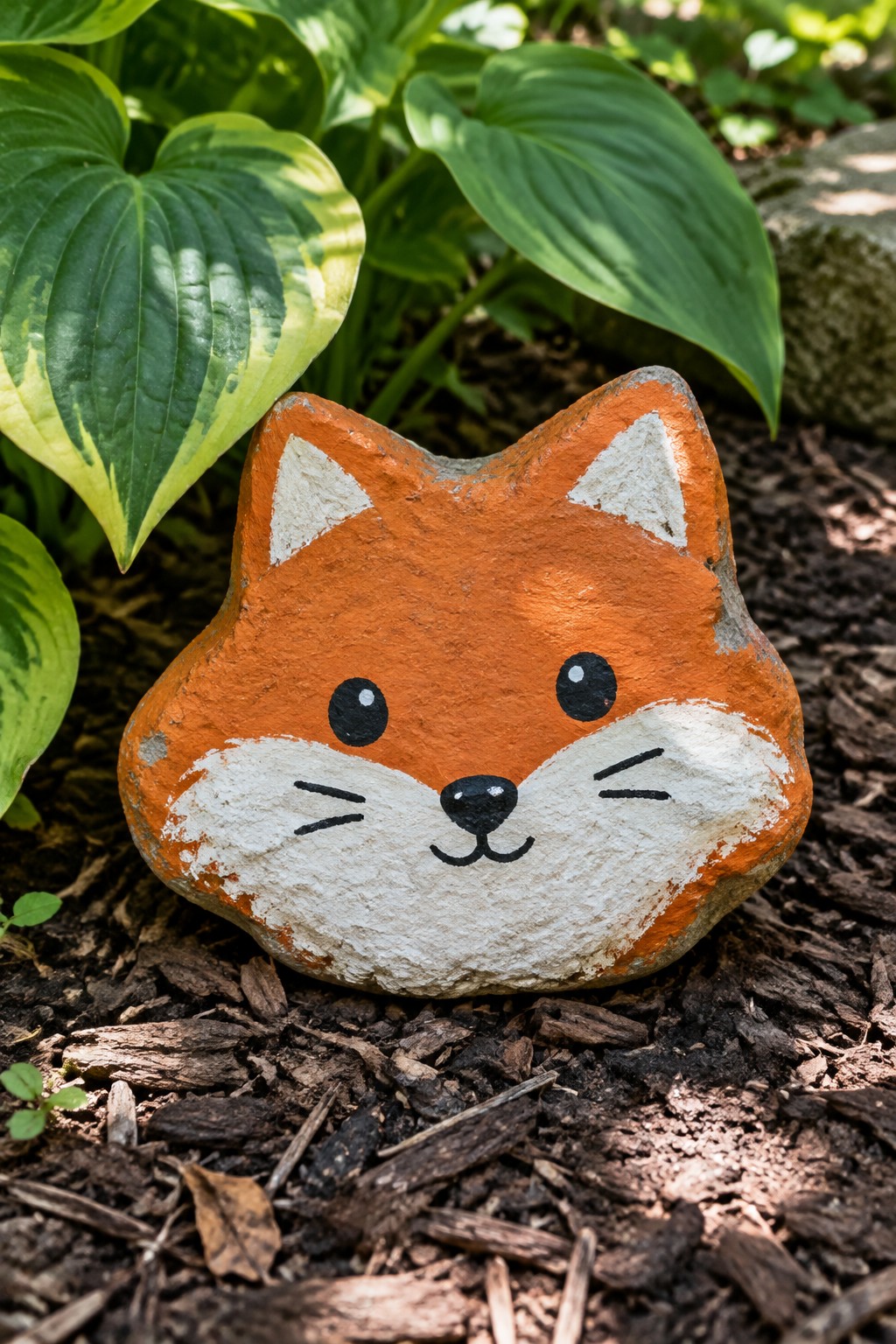 Orange and white painted fox rock on mulch with green leaves nearby
