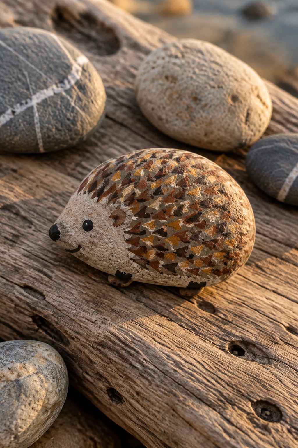 Hedgehog rock painted with brown mosaic spines on weathered driftwood
