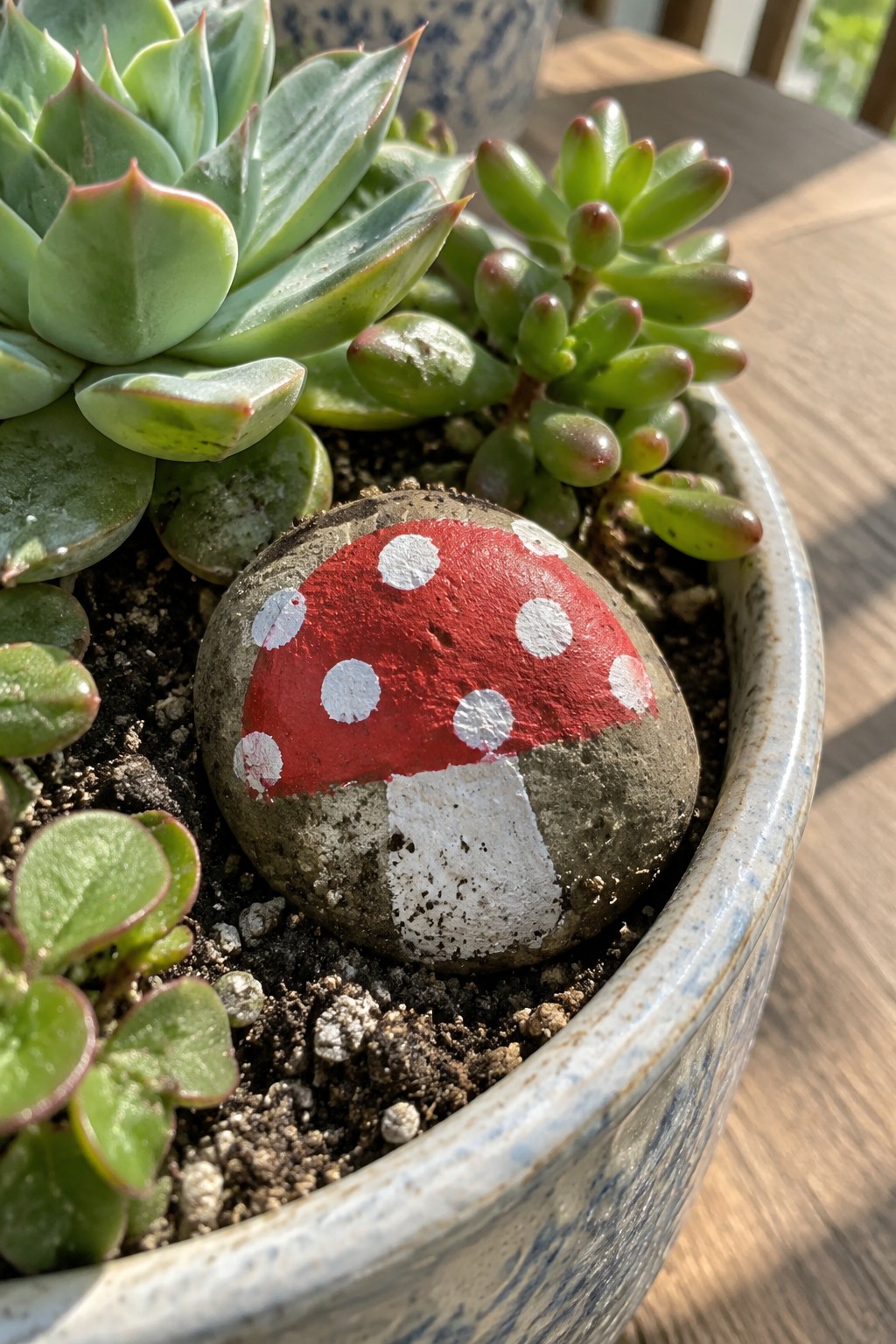 Painted mushroom rock with red polka-dotted cap among green succulents in pot