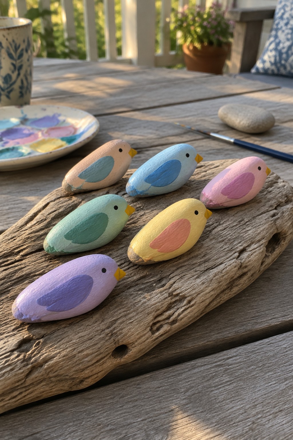 Five colorful hand-painted bird rocks on driftwood with palette and brush.