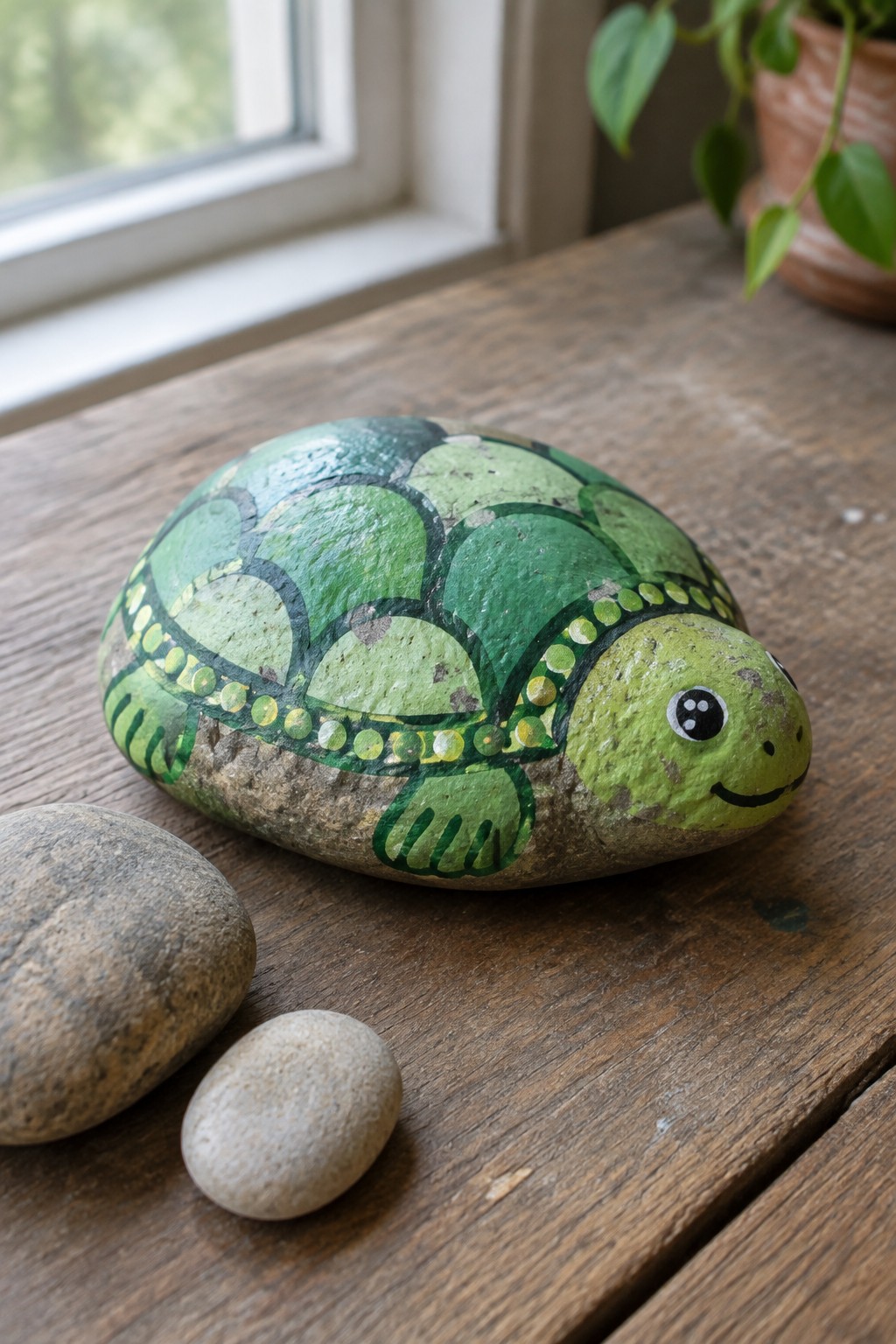 Painted green turtle rock on wooden table beside two plain stones and window