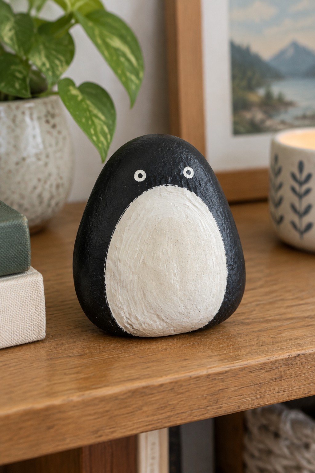 Black and white painted penguin rock on wooden table with plant nearby