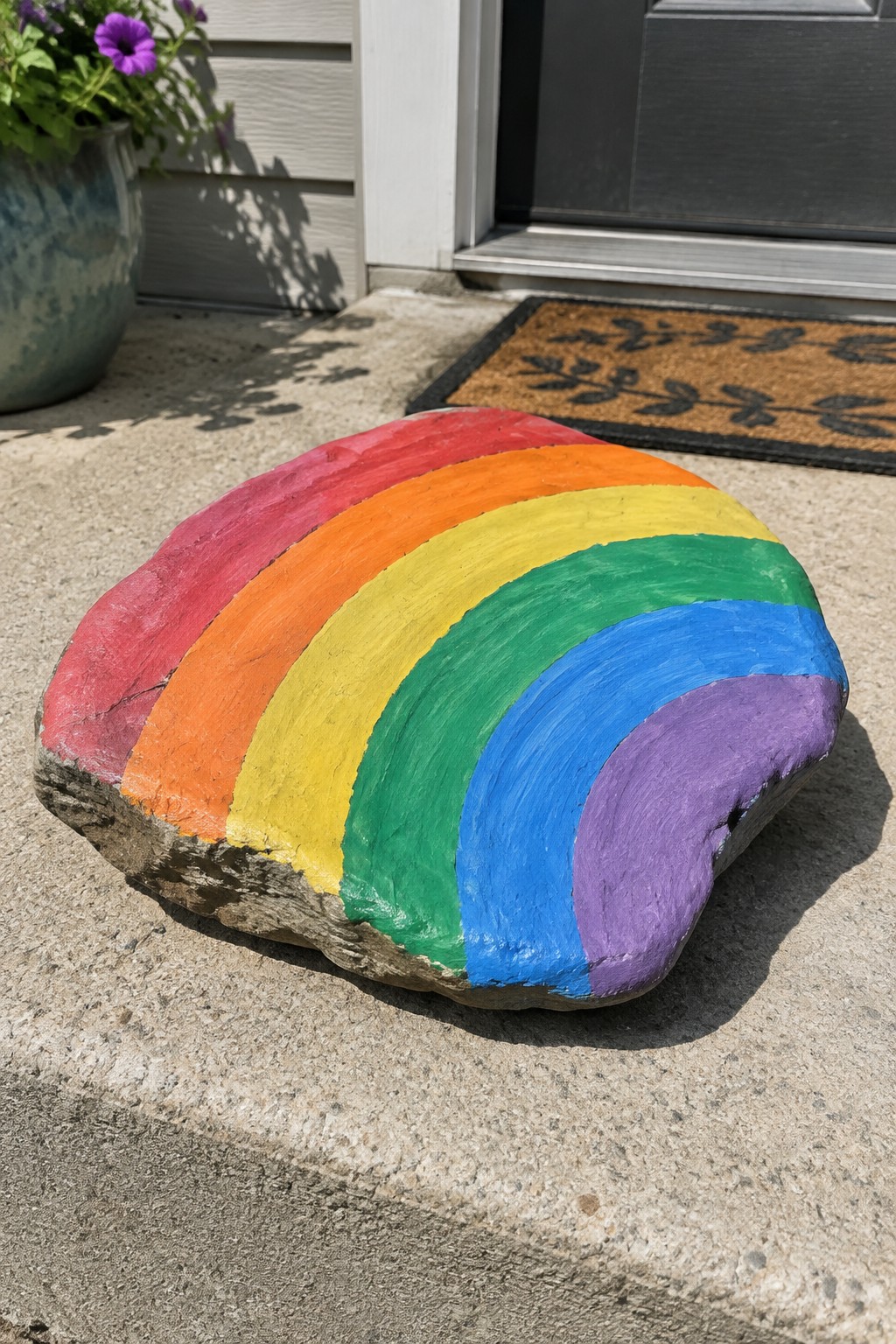 Rainbow-painted rock on concrete doorstep beside doormat and potted flowers