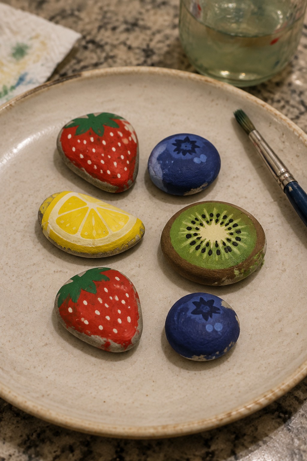 Painted rocks resembling strawberries, blueberries, lemon, and kiwi on a beige plate with brush.