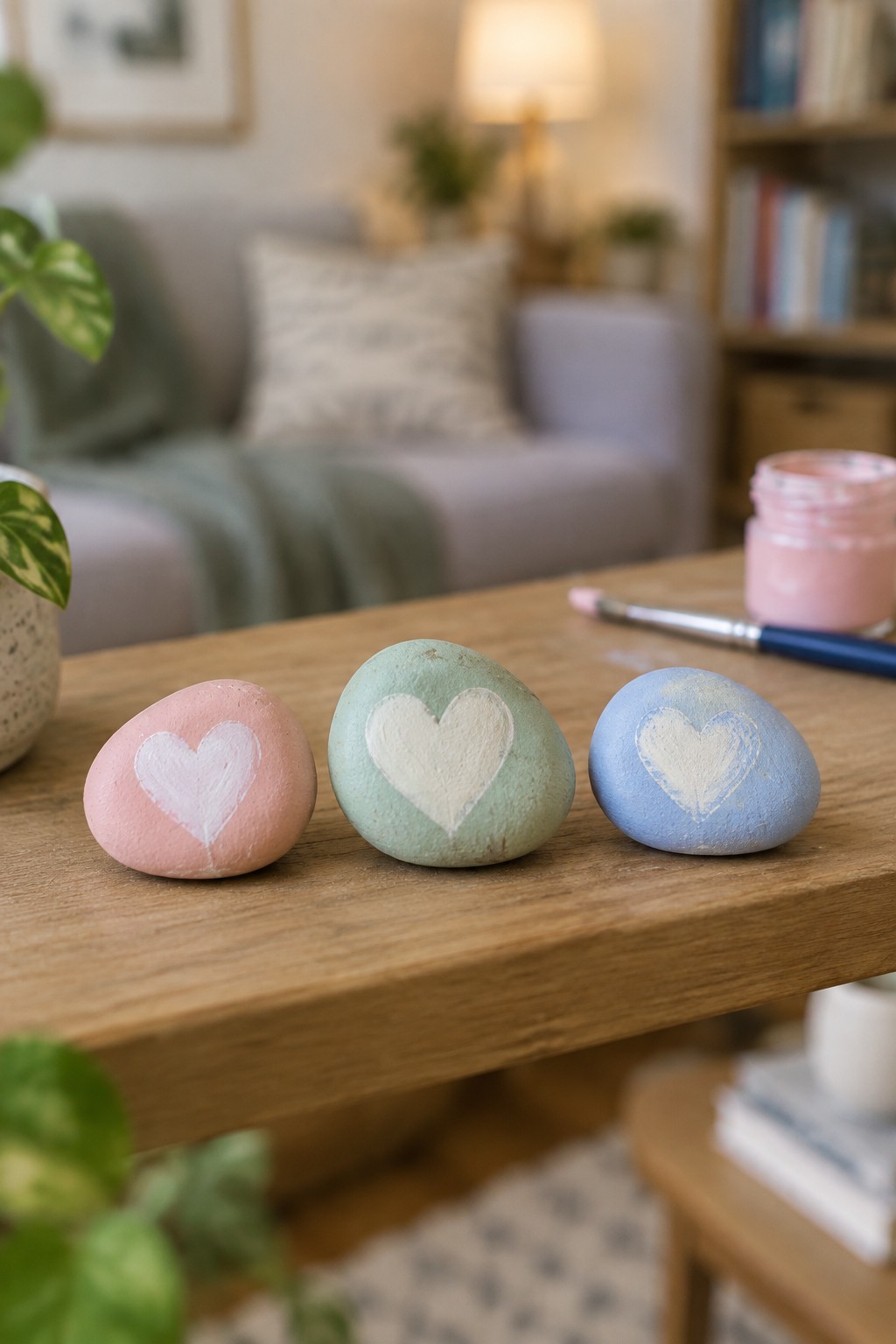 Three pastel rocks with white hearts on a wooden table beside paint supplies