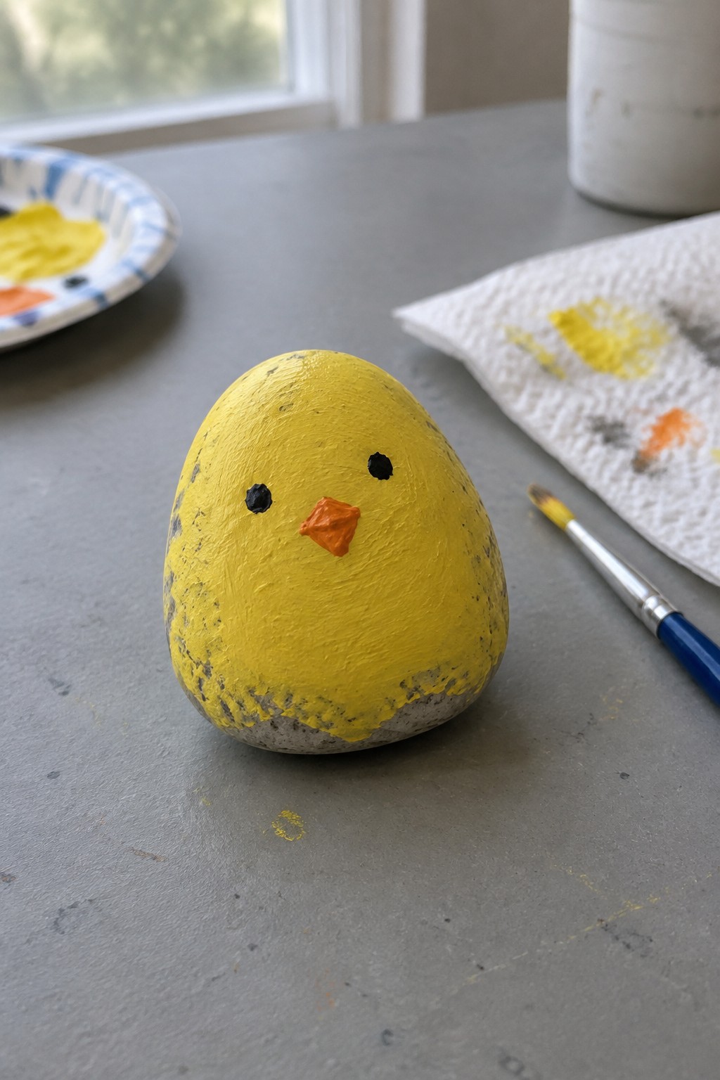 Yellow painted rock chick with black eyes, orange beak on gray table amid supplies