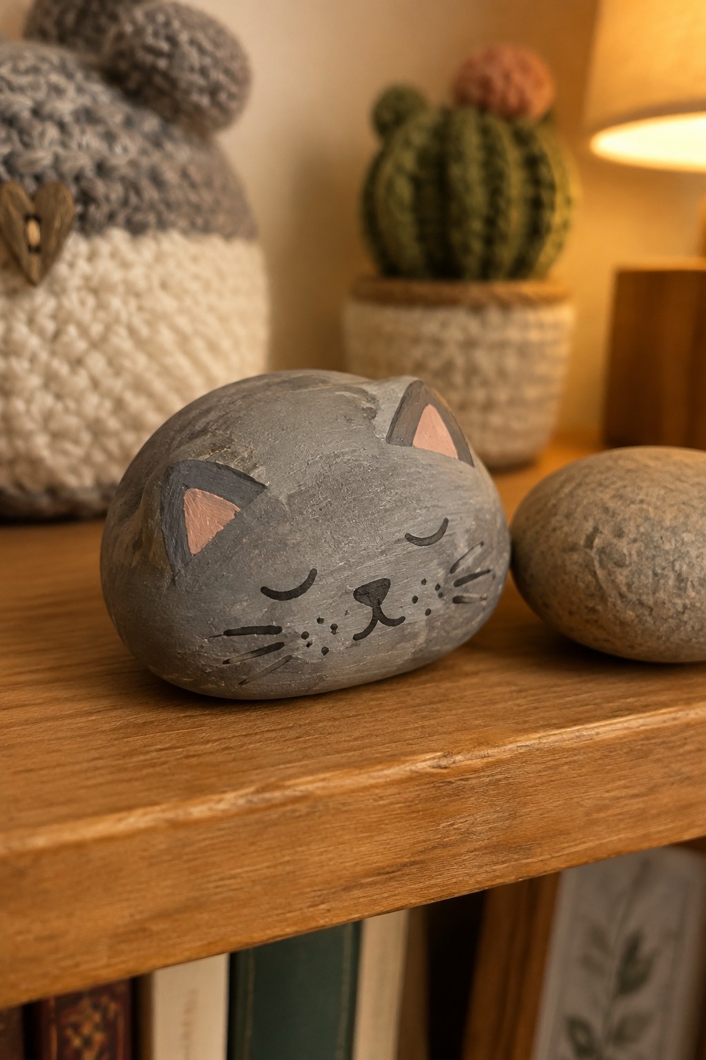 Gray painted cat rock with pink ears on wooden shelf beside plain stone.