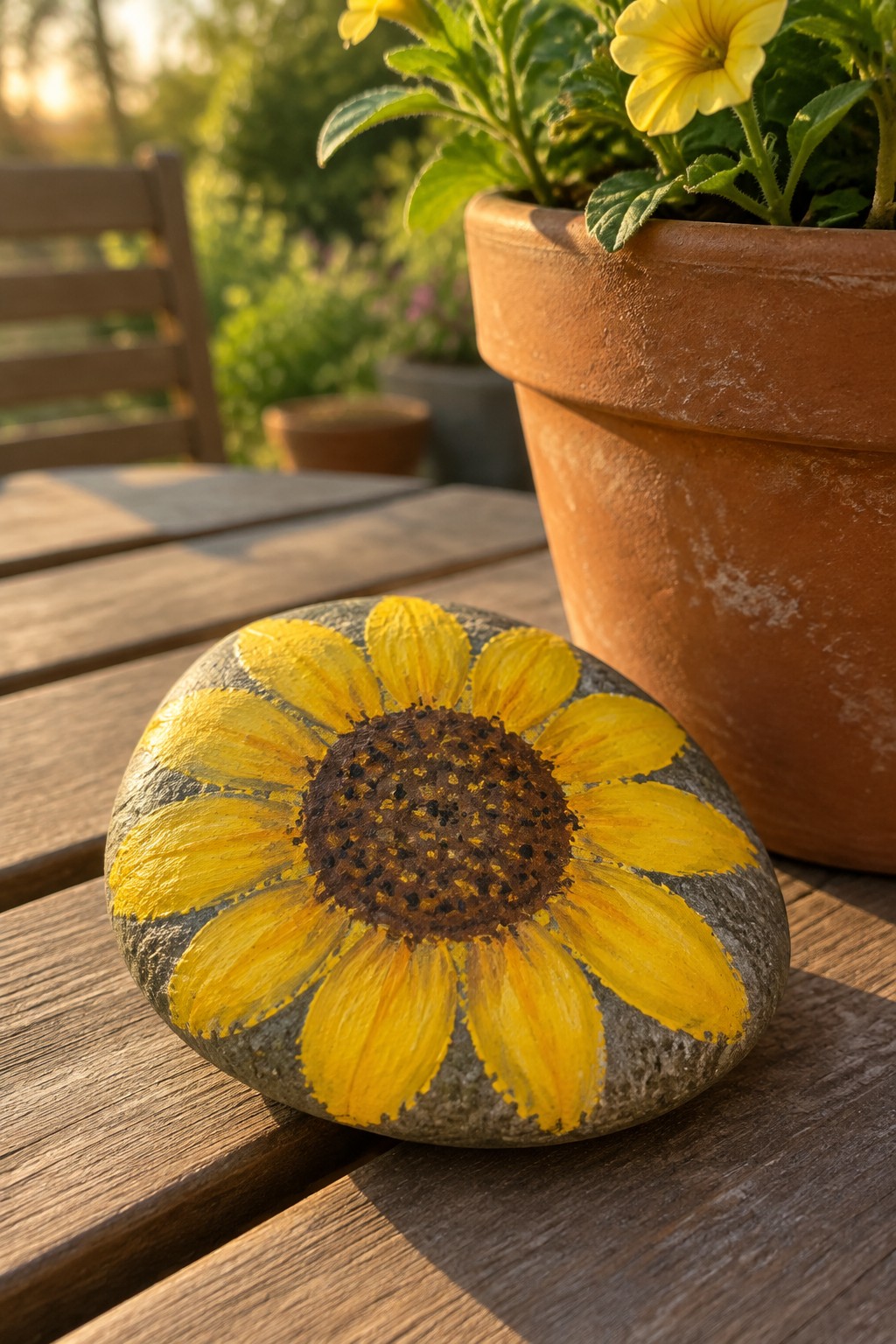 Sunflower painted on gray rock beside terracotta pot on wooden table