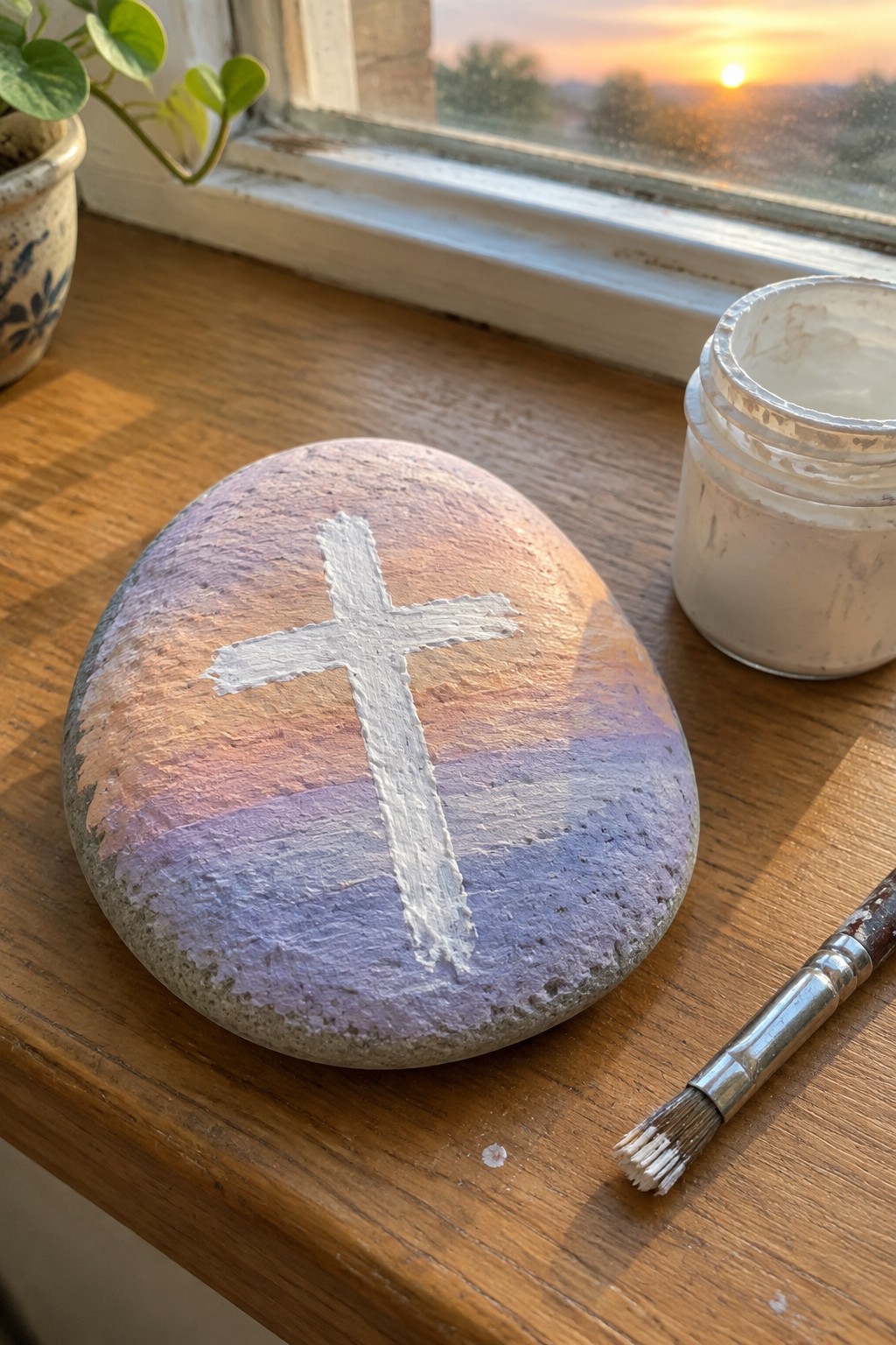 Painted stone with white cross on purple-orange sunset stripes beside paint jar and brush.
