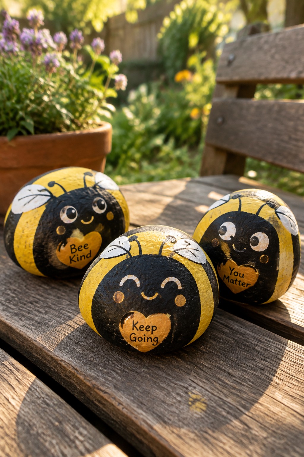 Three painted bee rocks with kind messages on a sunny wooden garden bench.