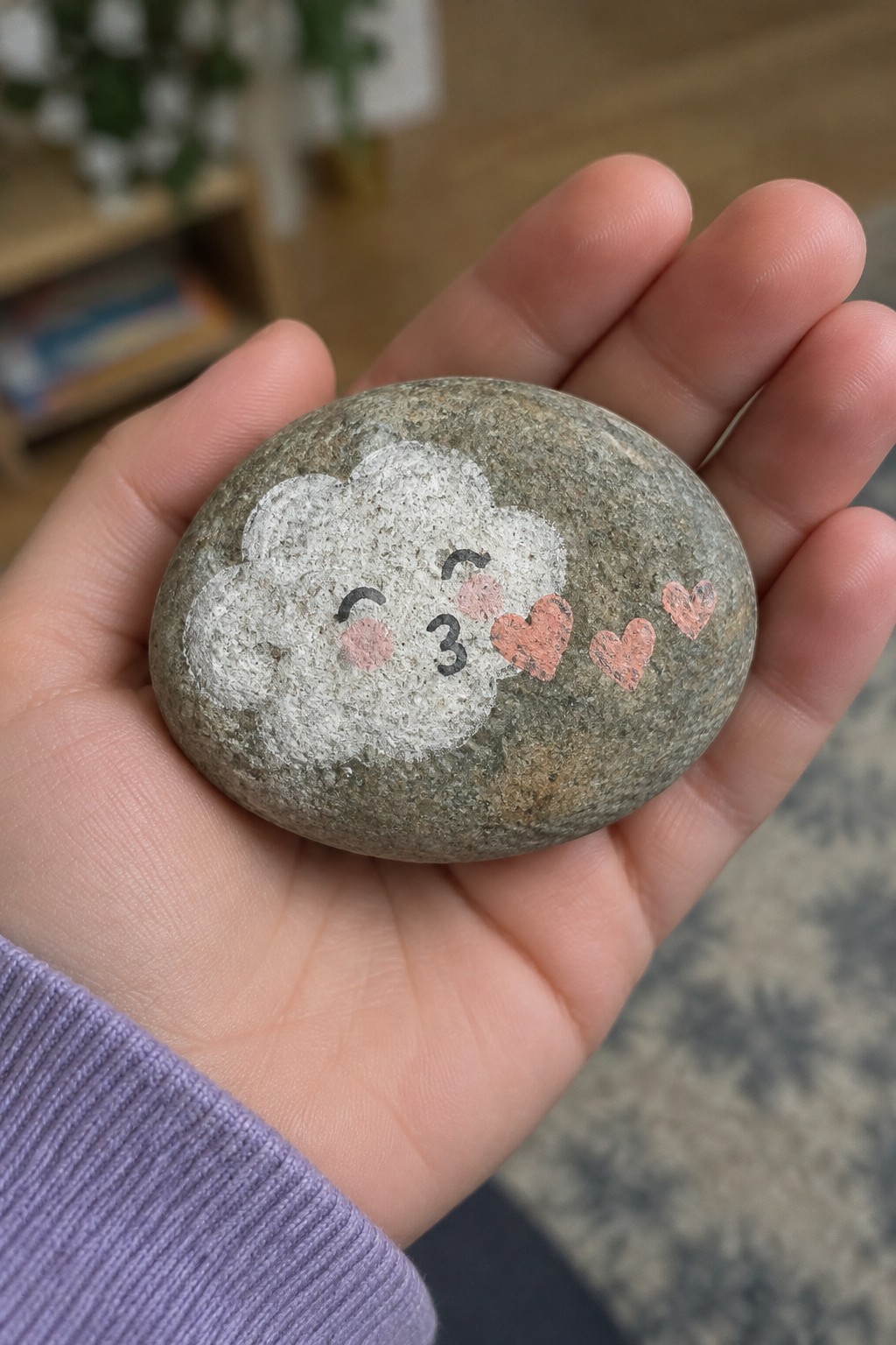 Hand in purple sleeve holding gray stone painted with cloud face and hearts