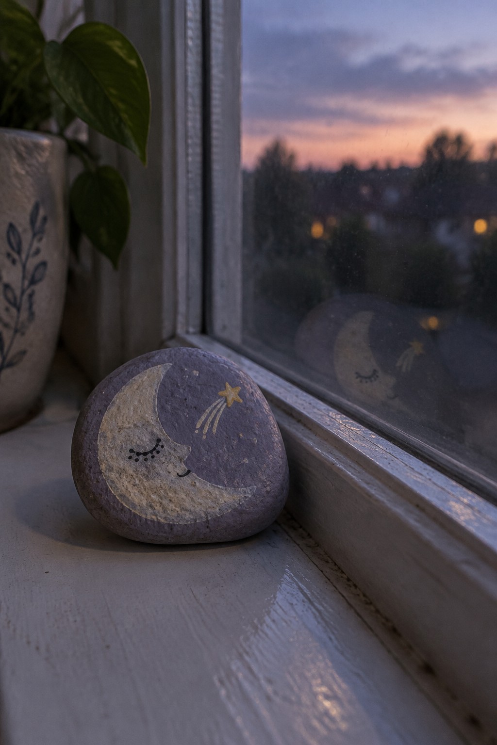 Painted stone with crescent moon face and shooting star on windowsill at dusk