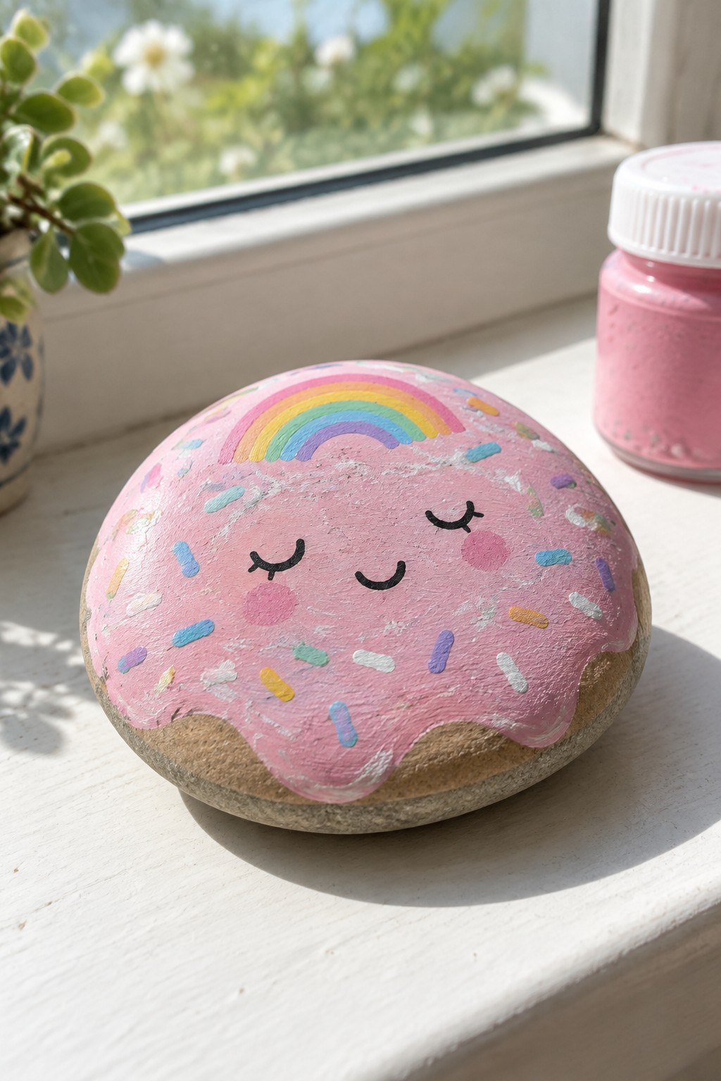 Painted rock donut with pink icing, rainbow, sprinkles, and cute smiling face on windowsill
