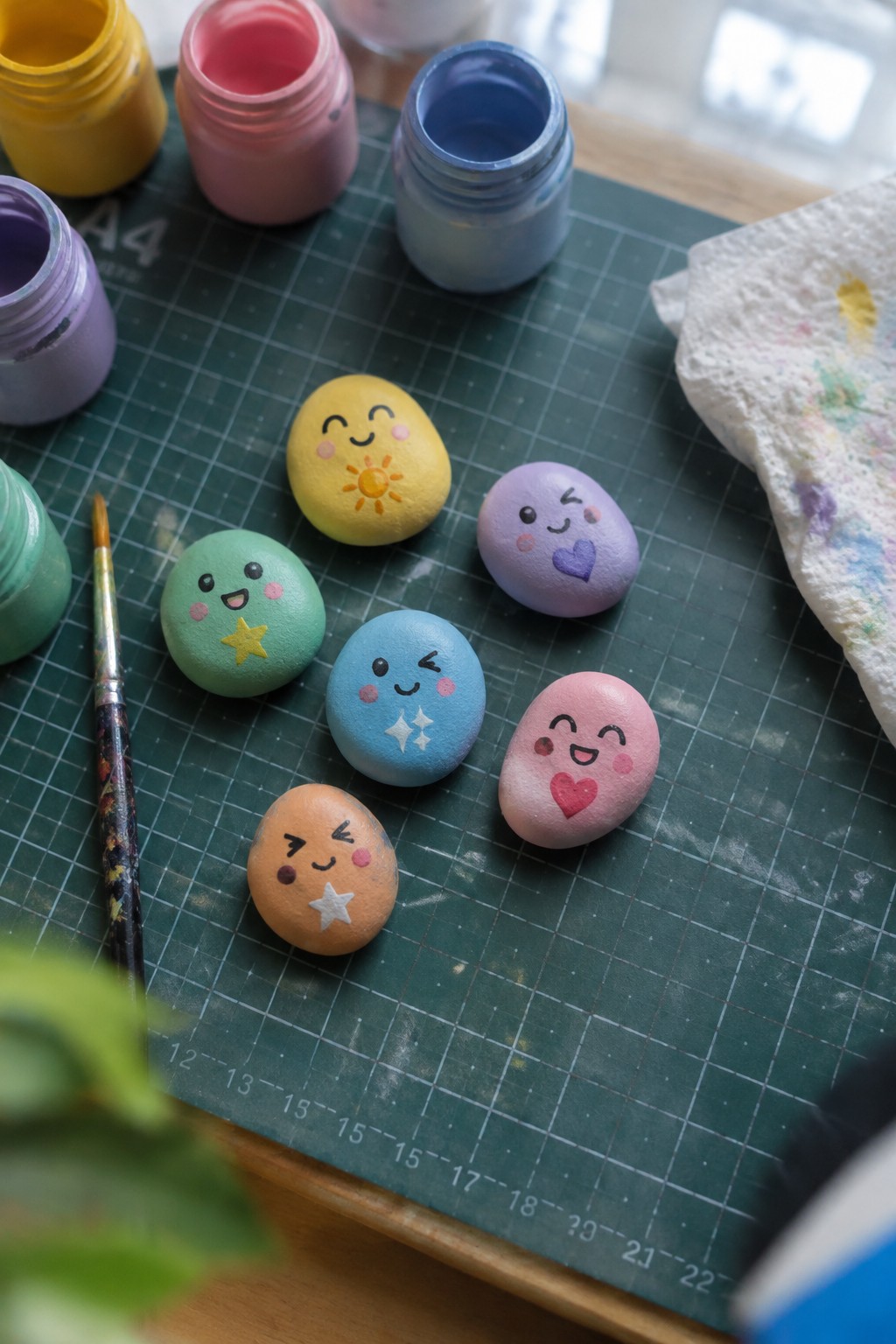 Colorful kawaii painted rocks with faces on green mat beside paint jars and brush
