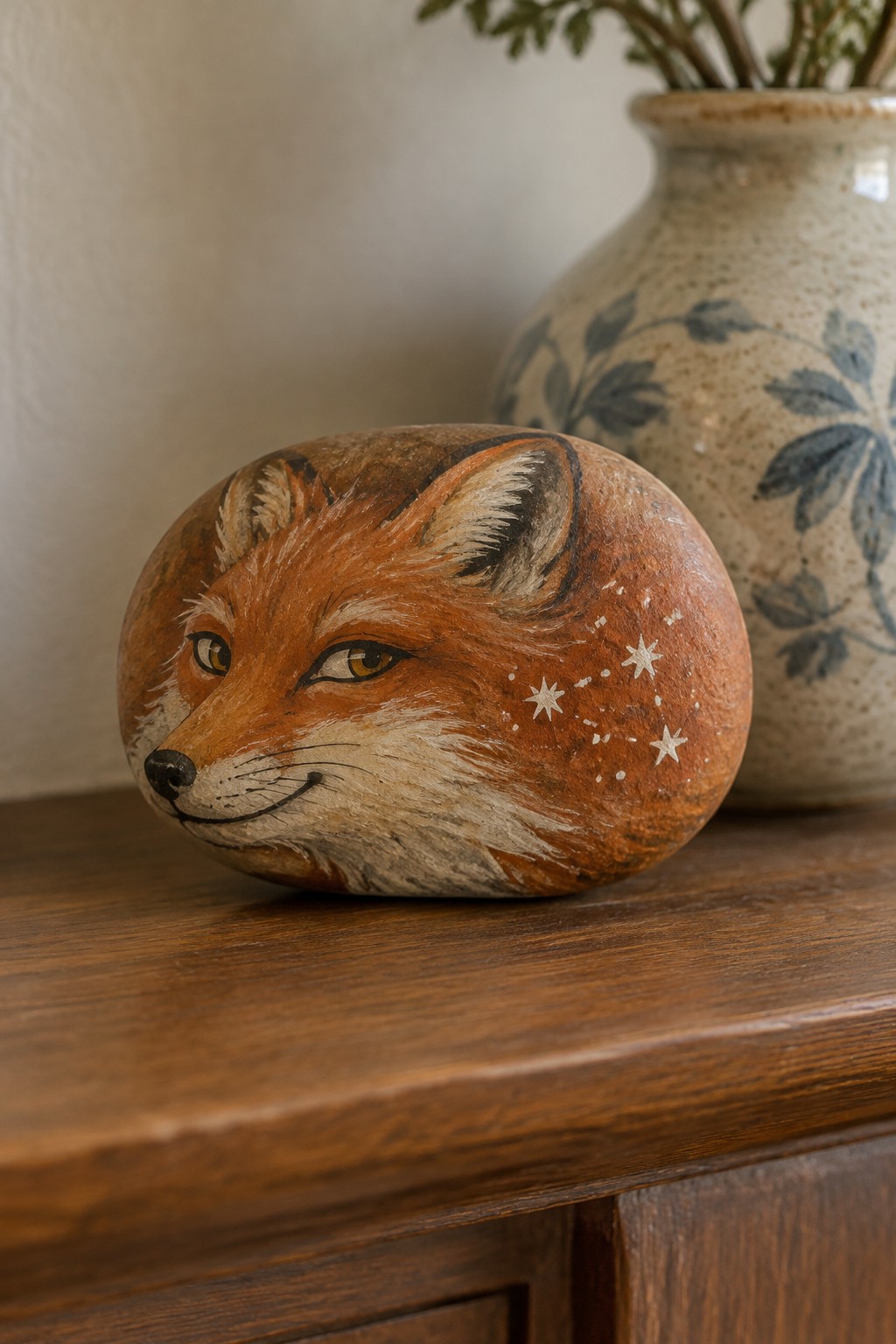 Painted orange fox rock with white stars on wooden table beside patterned vase