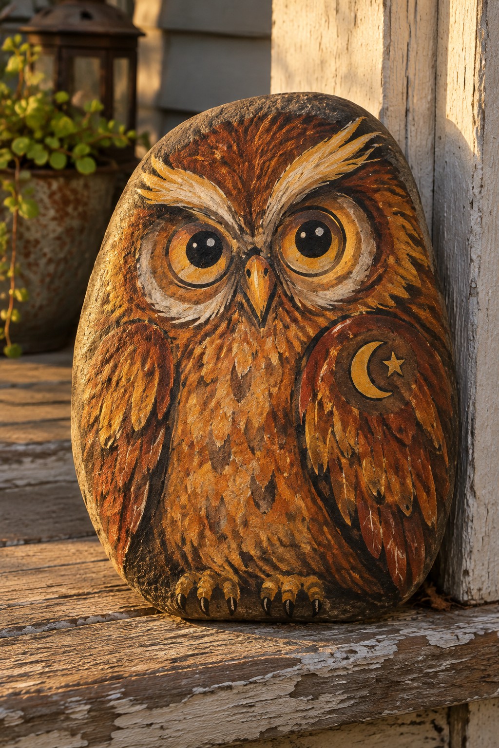 Painted owl rock in browns and oranges with large eyes, talons, and crescent moon