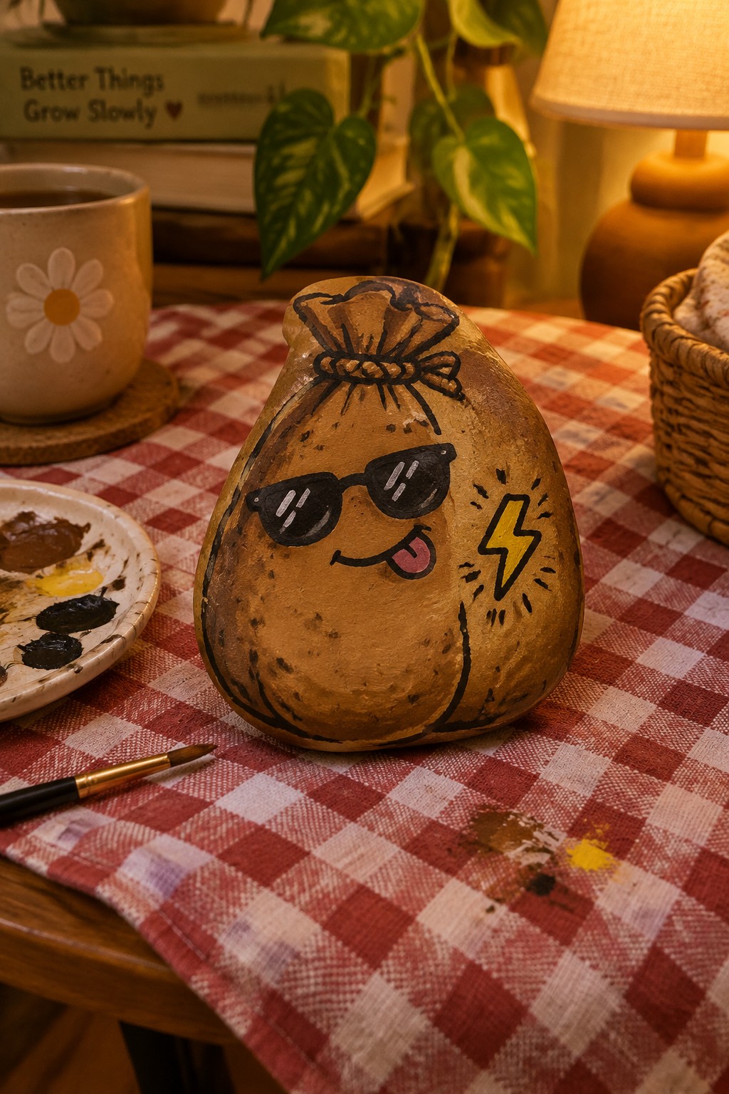 Painted rock as money bag with sunglasses, tongue, lightning bolt on checkered cloth.