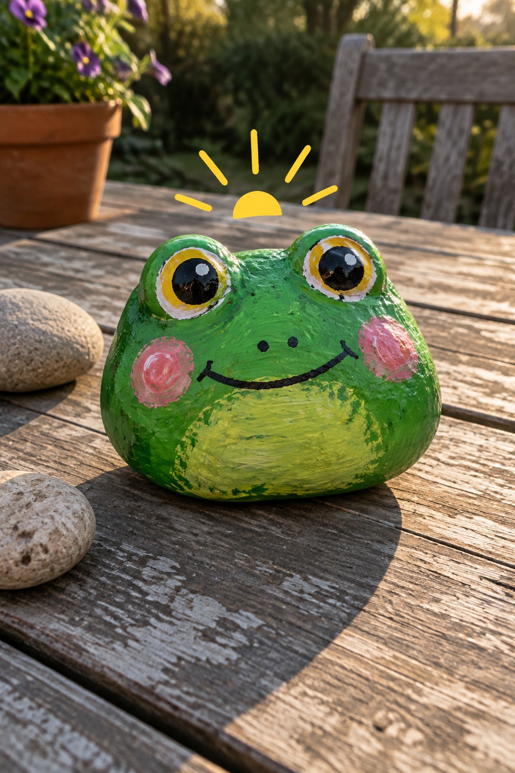 Green painted frog rock with yellow eyes and pink cheeks on wooden table