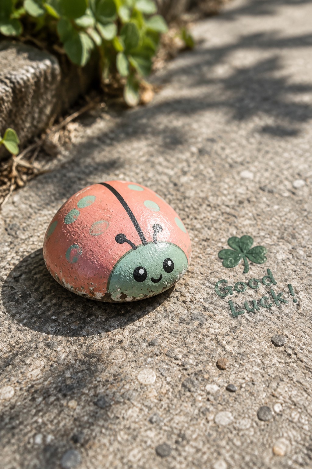 A painted ladybug rock sits on concrete beside a green four-leaf clover and the words Good Luck painted on the ground.