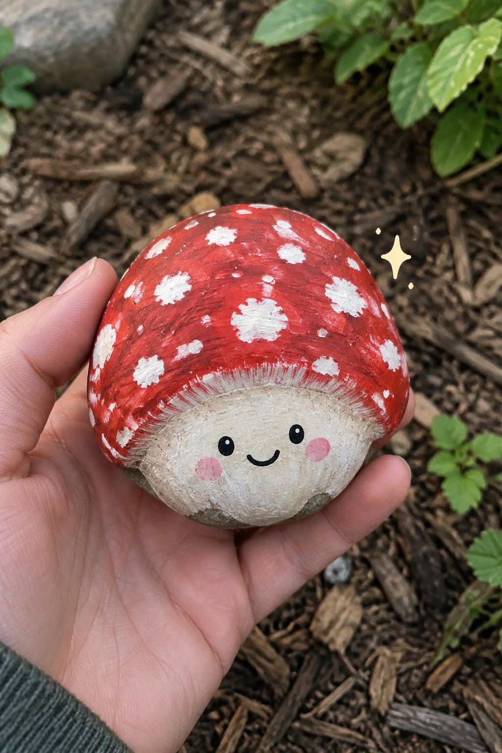 Hand holding smiling mushroom rock painted red with white spots and pink cheeks