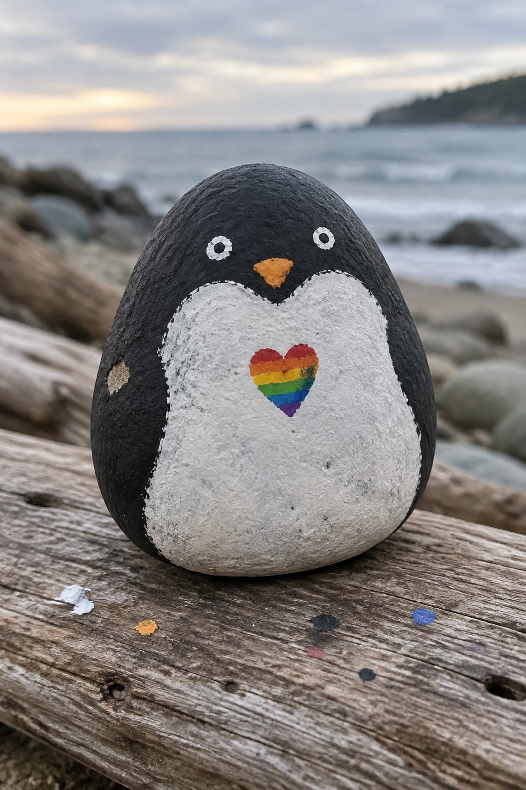 Painted penguin rock with rainbow heart on driftwood overlooking ocean at dusk