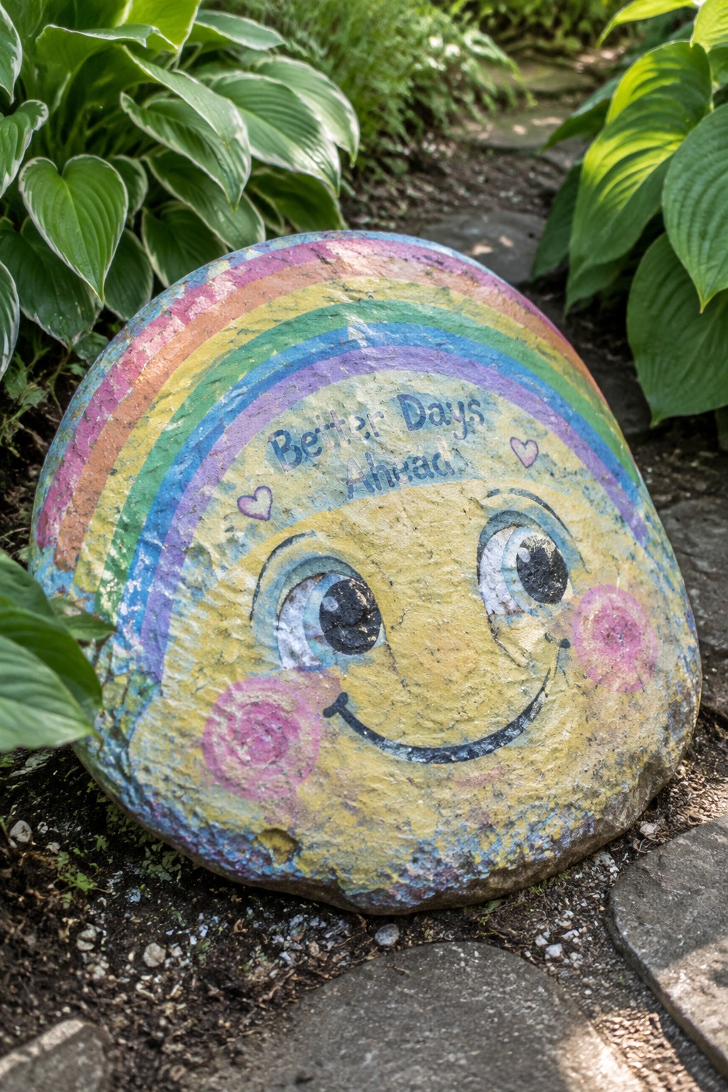 Rainbow-painted rock with smiling face and