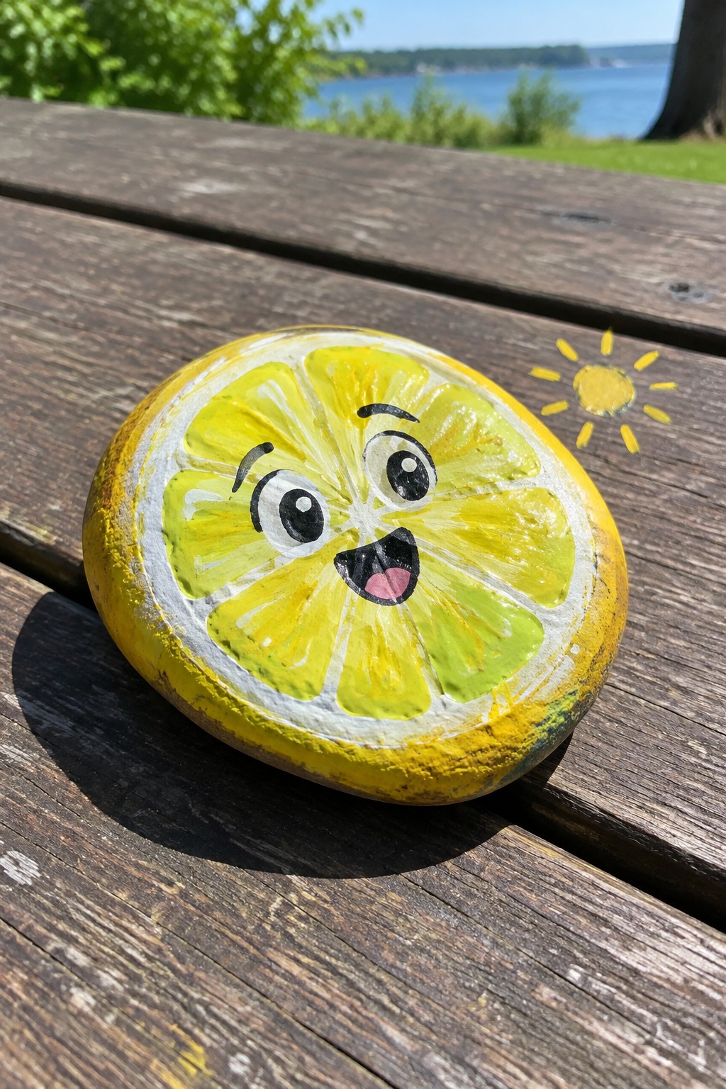 Painted lemon slice rock with cartoon face on wooden table beside yellow sun